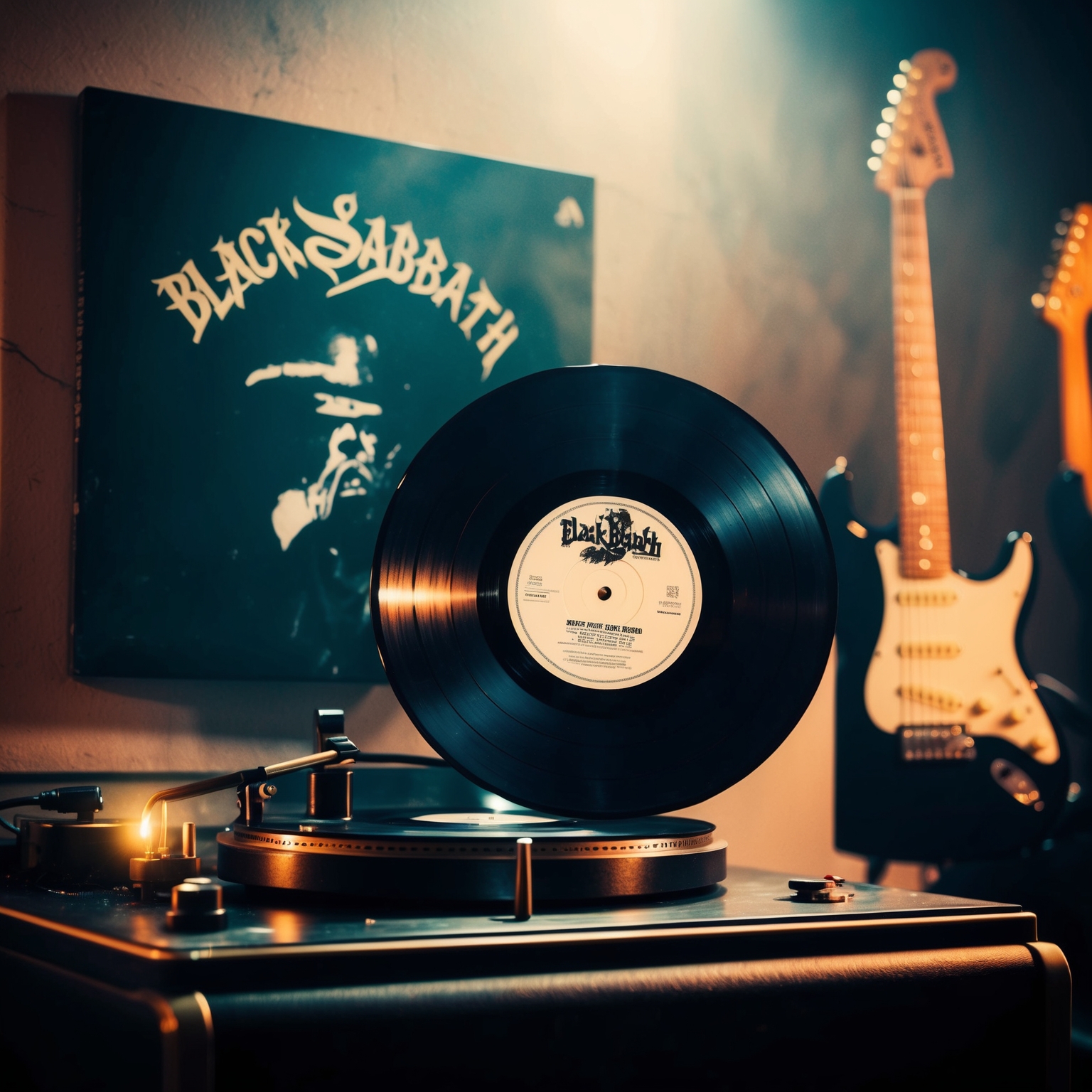 A vintage record player with a Black Sabbath album cover in the background, playing a vinyl record. The atmosphere is dimly lit, evoking a nostalgic, rock-