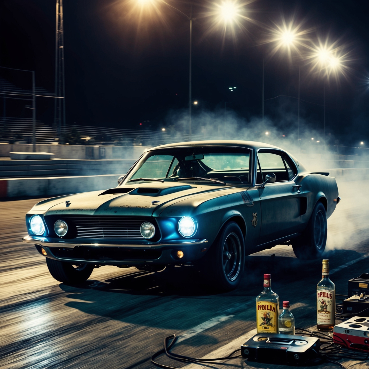 A gritty rock-and-roll inspired scene capturing a vintage car racing down a track at night, headlights glaring, with a sense of motion and rebellion in the atmosphere. Include imagery of a chaotic night, reflecting the thrill and danger of a reckless drive, and highlighting elements of rock culture like tequila bottles and an old tape deck.