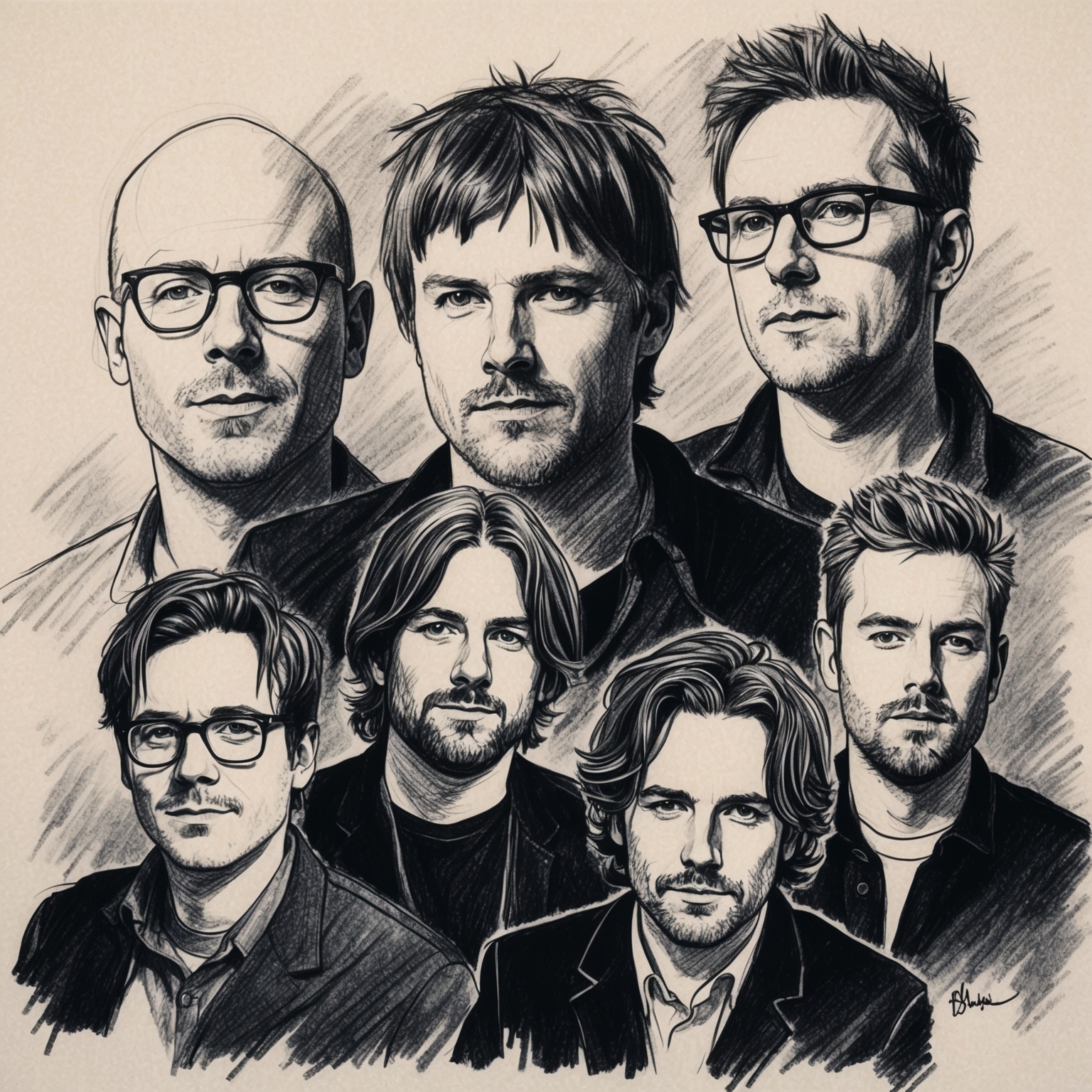 A black and white, charcoal portrait of Blur, capturing a half-finished feel, with Damon Albarn, Graham Coxon, Alex James, and Dave Rowntree depicted in a stylistic manner.