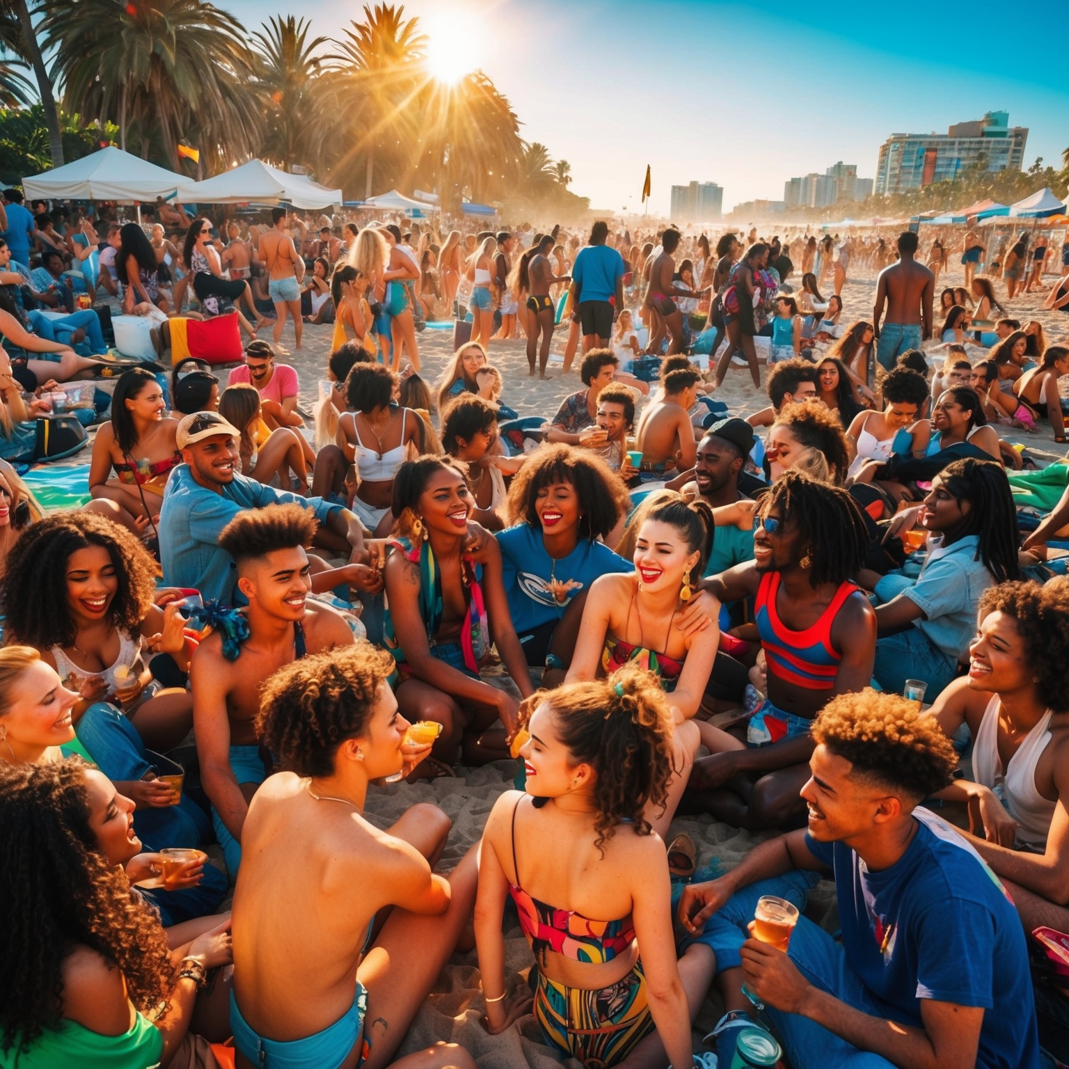 Create an image that depicts a lively 1990s beach scene teeming with young people embracing individuality and diversity. Capture the essence of vibrant nightlife, gender fluidity, and dynamic social interactions under a bright sun, showcasing urban elements blended with nature.