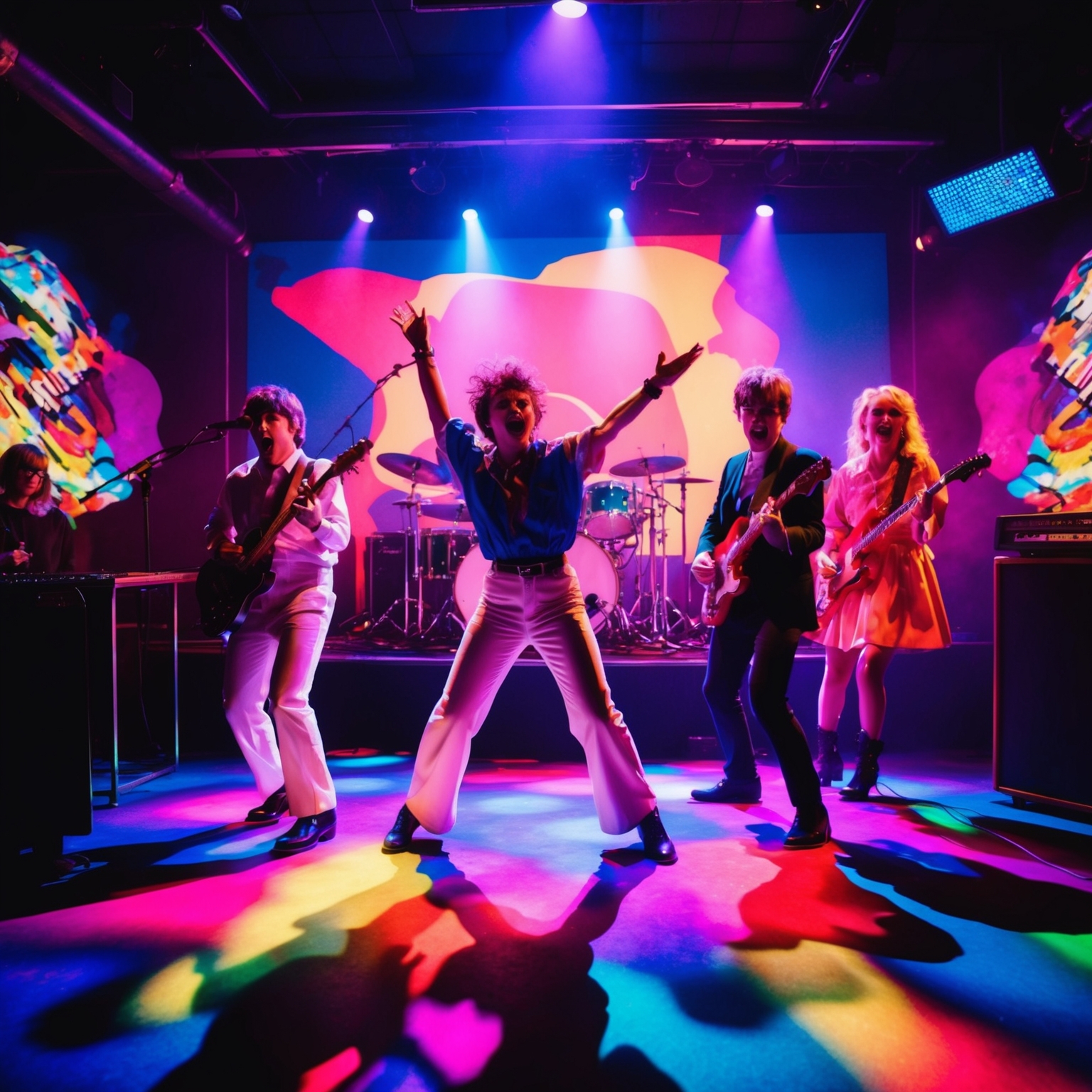 A vibrant and colorful scene depicting a lively performance by a 90s Britpop band, amidst a nightclub setting with abstract and surreal backdrops, capturing the essence of Blur