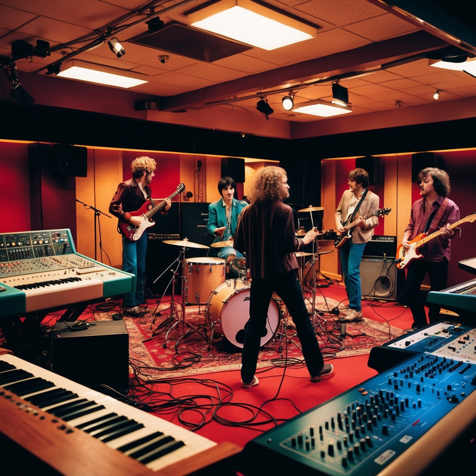 A vibrant and dynamic scene depicting a recording studio in the 1990s. The atmosphere should reflect creativity and innovation, with musicians experimenting with a mix of traditional rock instruments and synthesizers. Include elements that suggest a lively and upbeat vibe, capturing the essence of a Britpop era recording session.