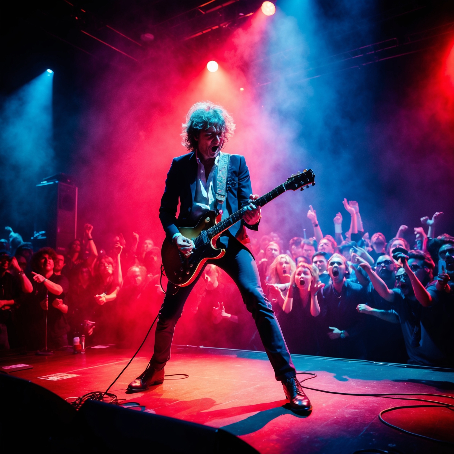 A dynamic and vibrant scene depicting a guitarist on stage, embodying the raw energy and eclectic style of 