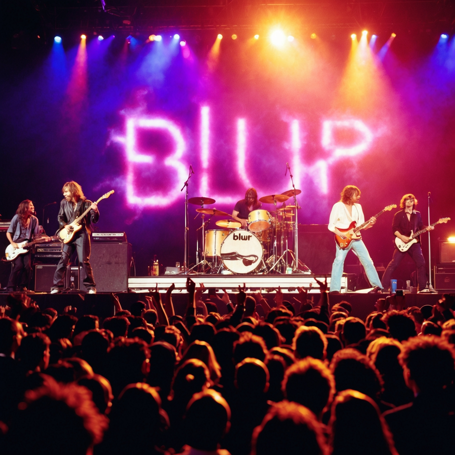 Blur band performing at a 1997 concert, with a high-energy audience. Capture the vibrancy of the music scene from the late 90s, emphasizing the rock aesthetic. Include concert lighting that enhances the electrifying atmosphere of a live performance. Ensure the image includes dynamic elements such as an enthusiastic crowd, iconic band imagery, and a stage setting reflecting the era.