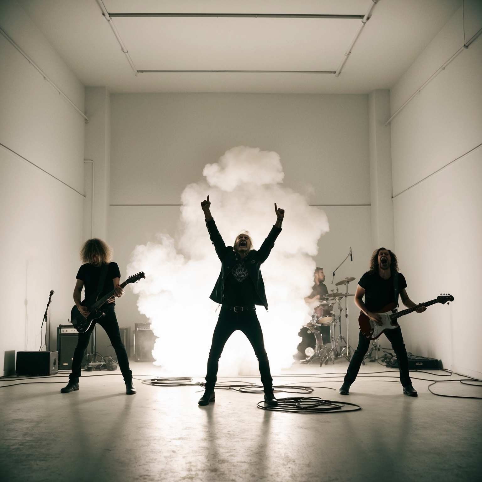 A band performing energetically in a stark, white room, with dramatic force blasts causing chaos, capturing the raw energy and excitement of a live rock performance.