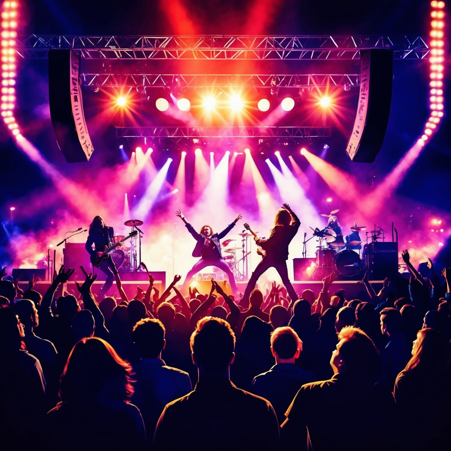 A dynamic illustration of a rock concert stage with a band passionately performing under vibrant lights. The crowd in silhouette, with a lively expression of energy and excitement, capturing the essence of timeless rock music.