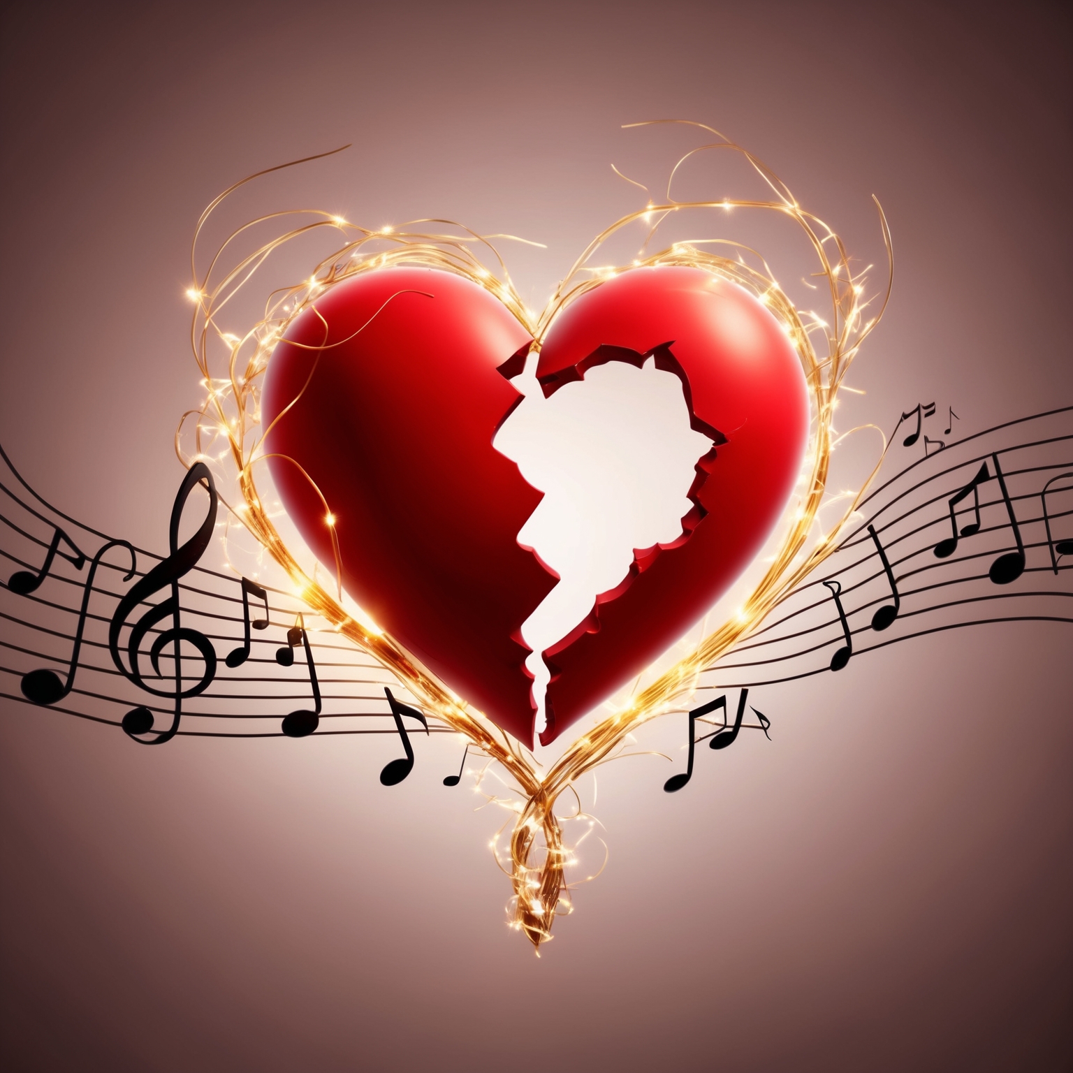 Create an image that symbolizes the duality of heartbreak and unwavering love, with elements like a broken heart embraced by tendrils of warm light, symbolizing hope and commitment. Incorporate musical notes subtly flowing around the heart, adding a sense of rhythm and harmony to the emotional theme.