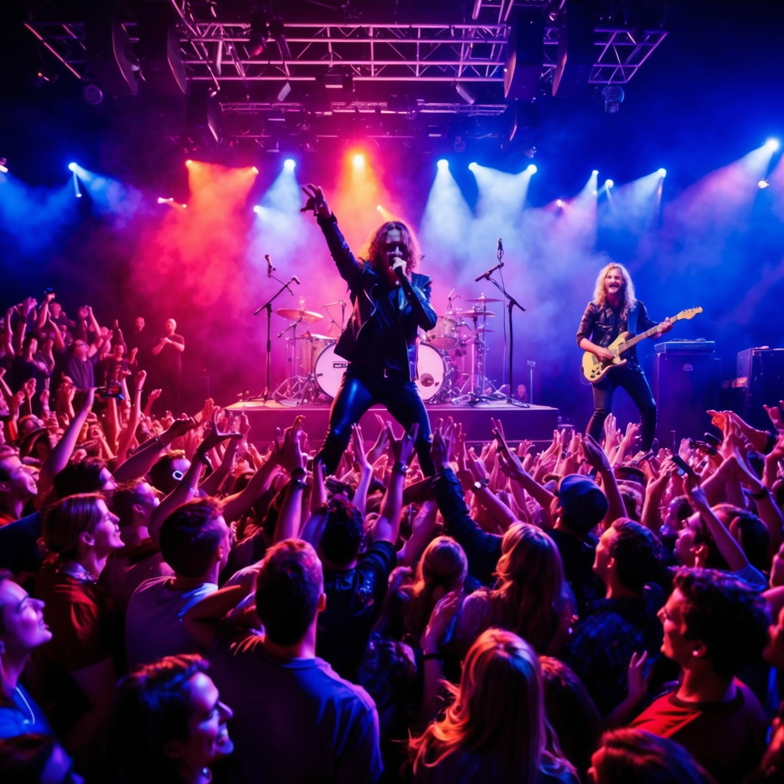 A dynamic live concert scene featuring a rock band performing on stage with vibrant lighting and a sea of enthusiastic fans in the audience. Energetic crowd interaction, visible musical instruments, and a charismatic lead singer engaging with the audience.