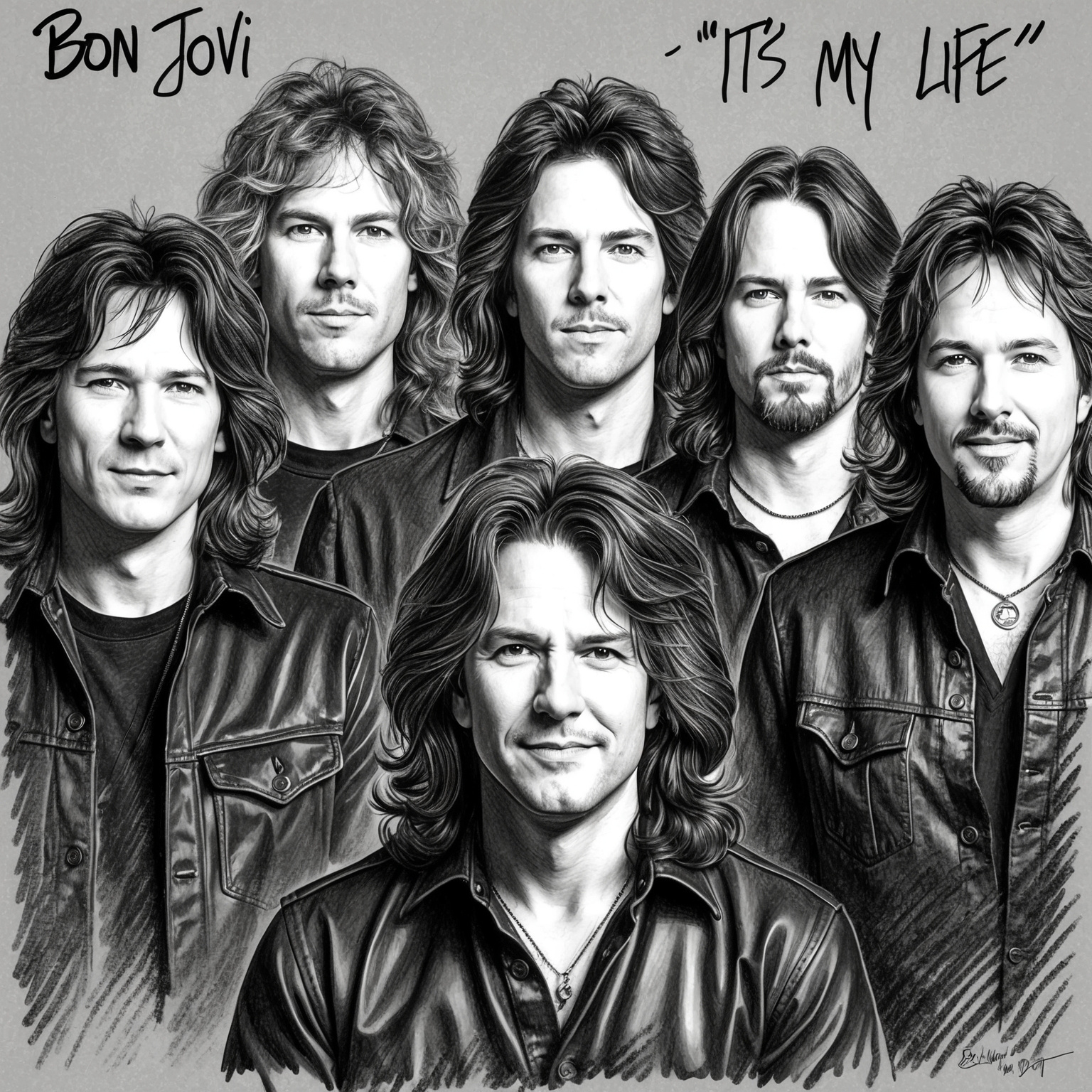 Charcoal drawing of Bon Jovi band members, stylistic black and white portrait, half finished, capturing their iconic presence during the release of "It