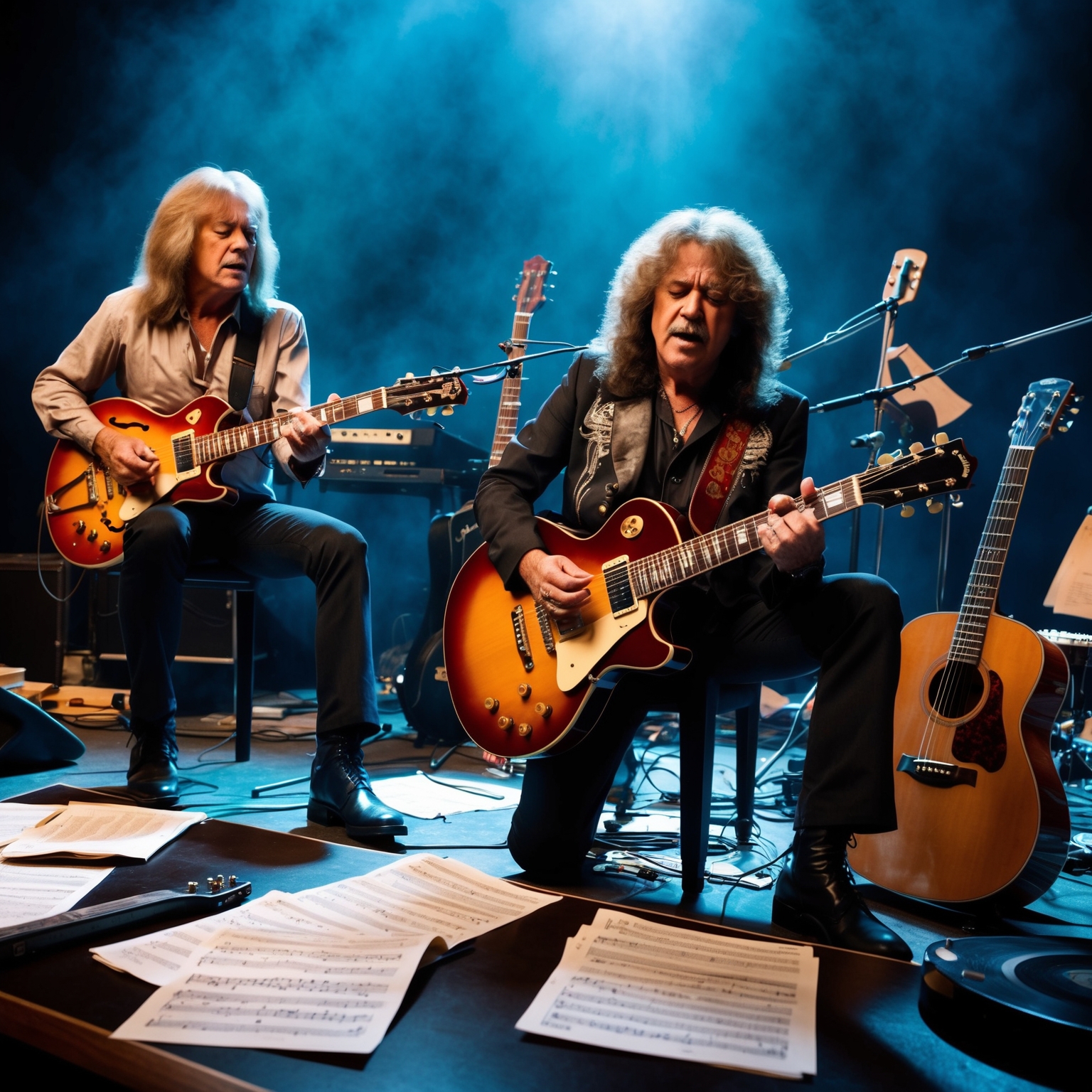 A dynamic scene capturing legendary rock composers crafting music on guitars, reflecting raw energy and creativity, influenced by classic rock elements, with instruments and music sheets scattered around them.