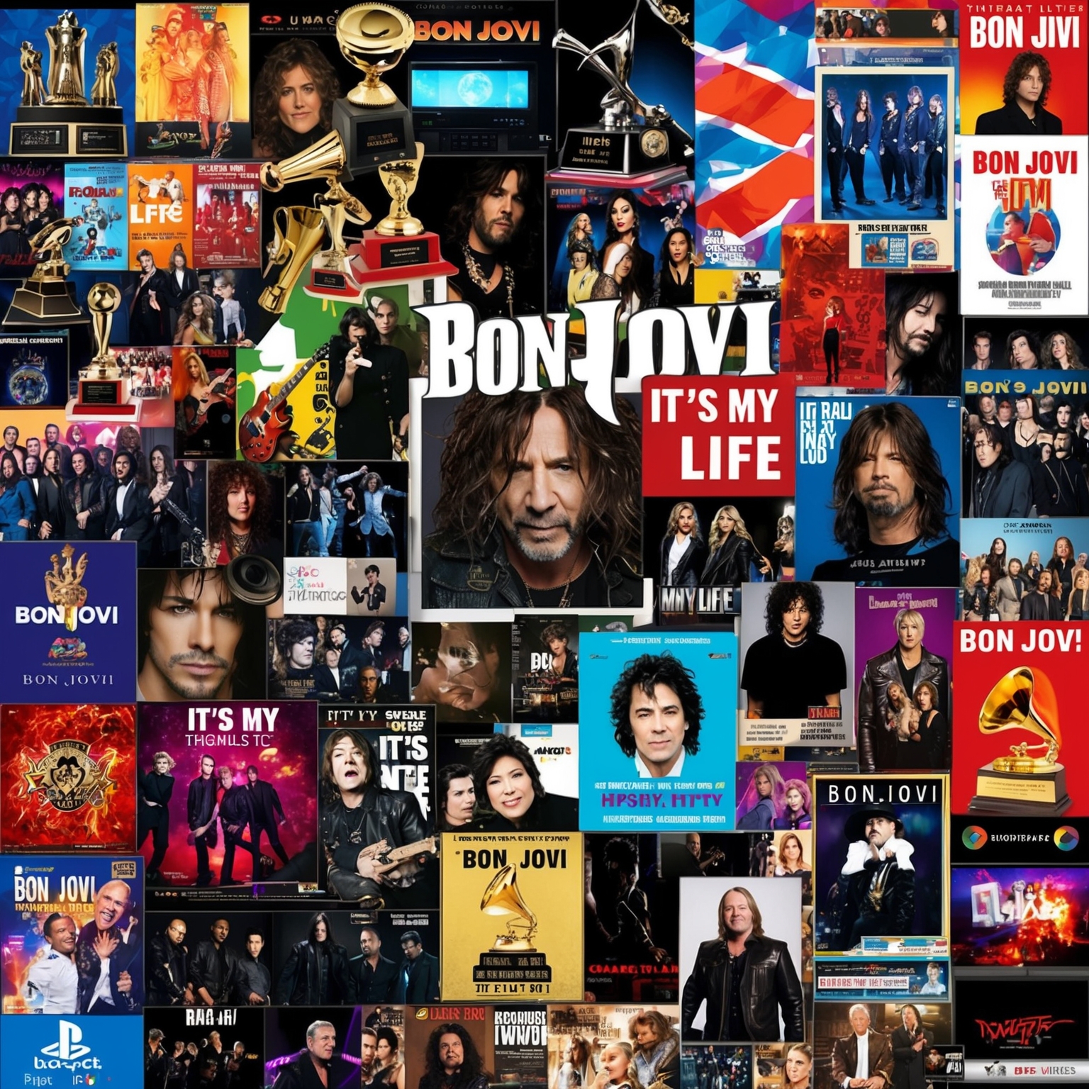 A vibrant collage featuring music award trophies, artists covering the song, movie posters, and video game elements, capturing the legacy of Bon Jovi