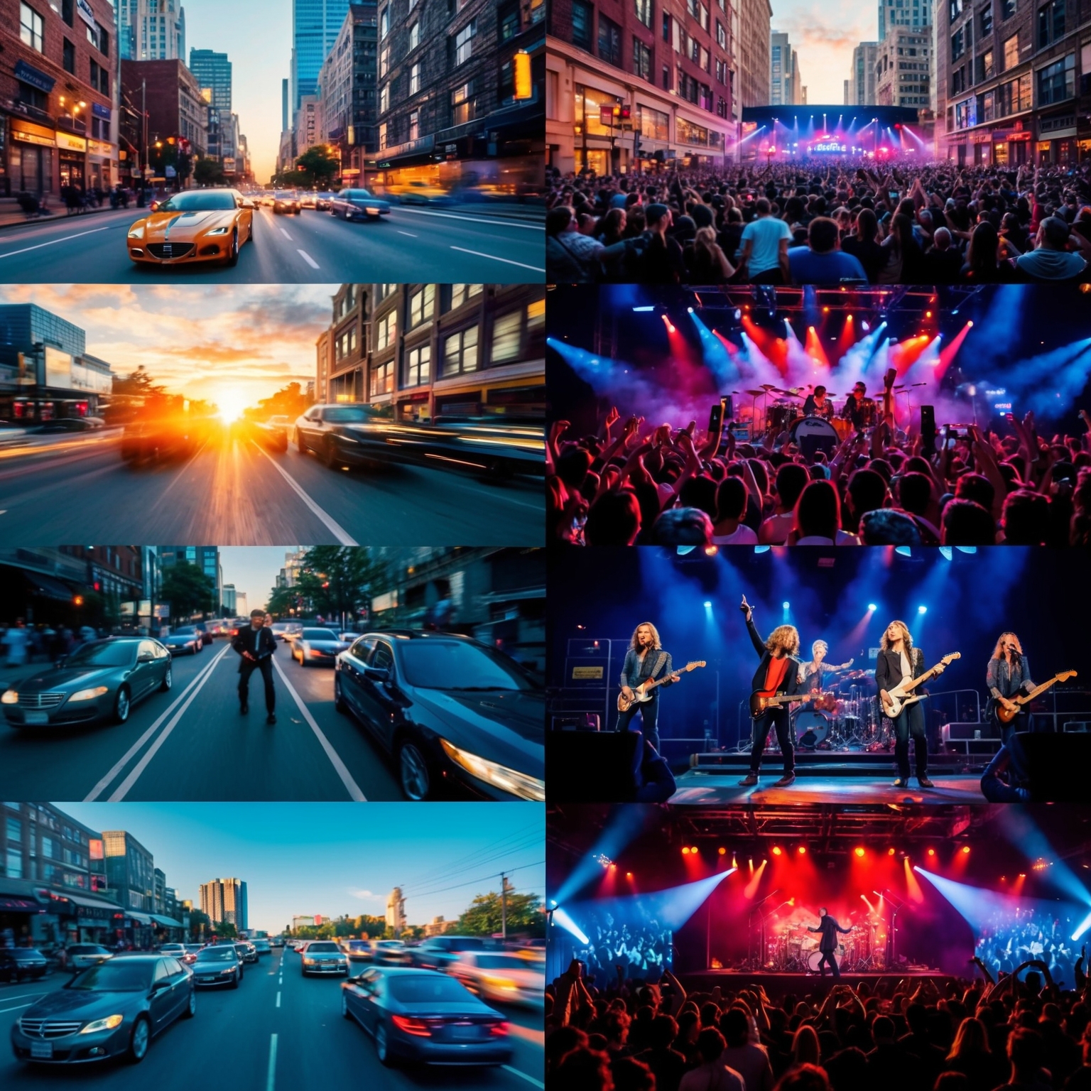 A fast-paced urban chase through city streets at sunset, vibrant crowd scenes at a rock concert, dynamic camera angles capturing energy and momentum, reminiscent of a lively music video with a charismatic rock band performing on stage amidst electrified fans, capturing themes of seizing the moment.