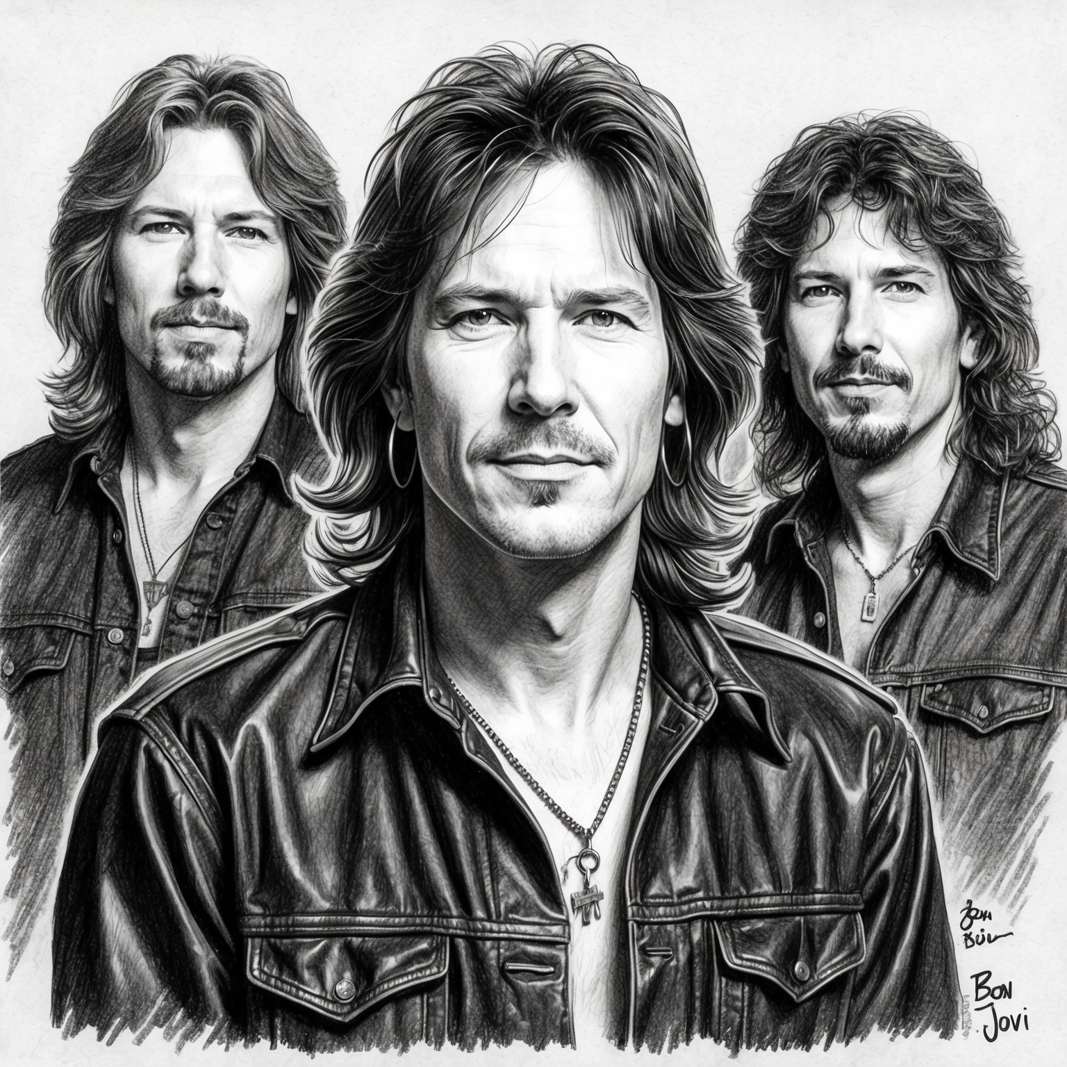 A black and white charcoal portrait of Bon Jovi, capturing the band in a stylistic, half-finished drawing. The image should reflect the classic rock ambiance of the mid-90s with Jon Bon Jovi and other band members depicted.