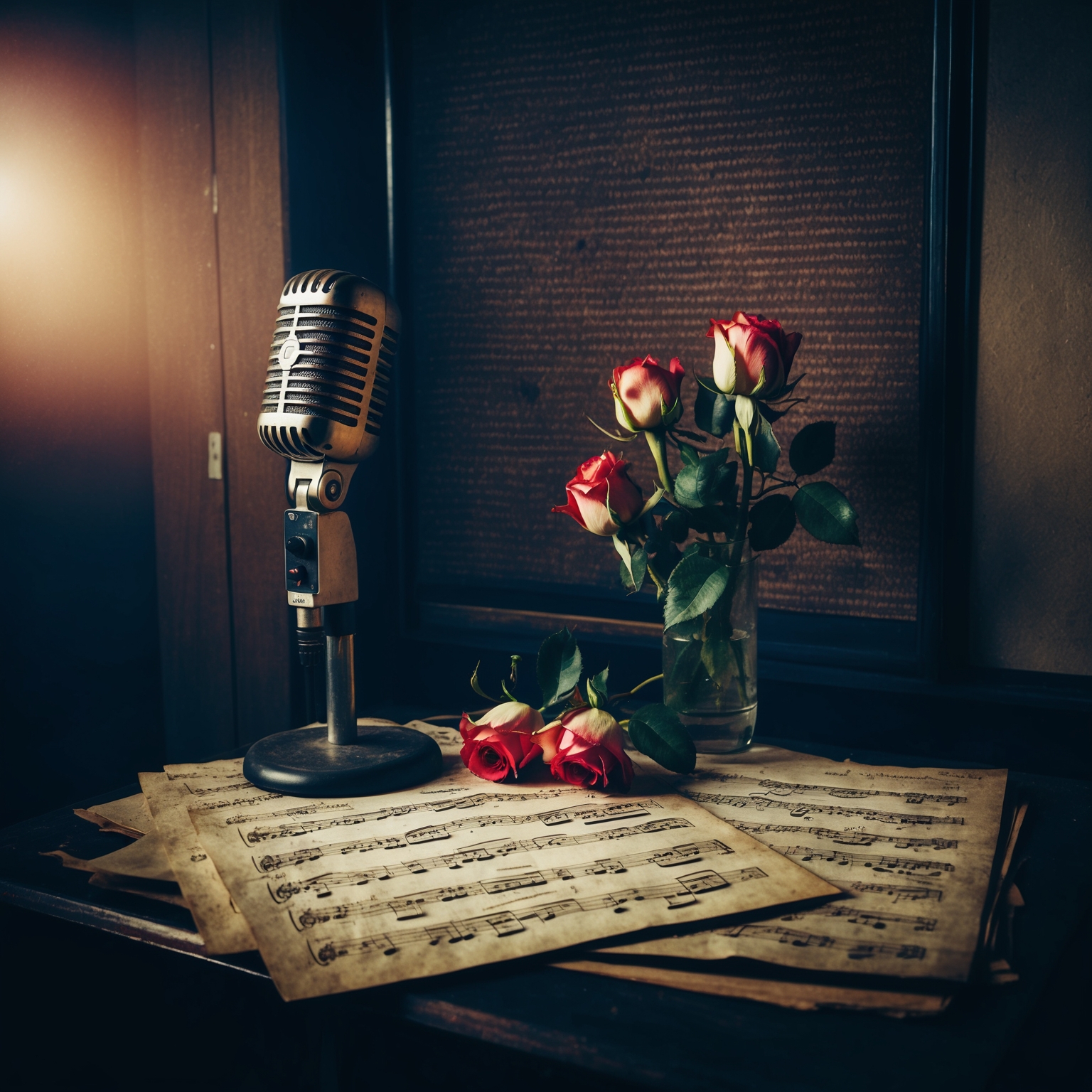 A vintage recording studio with an old microphone, sheet music with faded ink, a dimly lit setting, embodying a theme of broken hearts, romantic loss, and thoughtful reflection, inspired by Bon Jovi