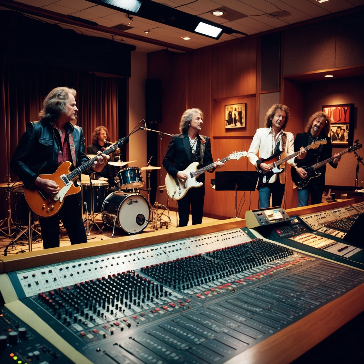 Create an image depicting a classic recording studio environment from the 1990s, with a focus on a band recording a rock ballad. Capture the atmosphere of creativity and concentration, featuring musicians playing instruments like guitars and drums, with sound engineers at the mixing desk in a dimly lit room. Include subtle elements representing Bon Jovi