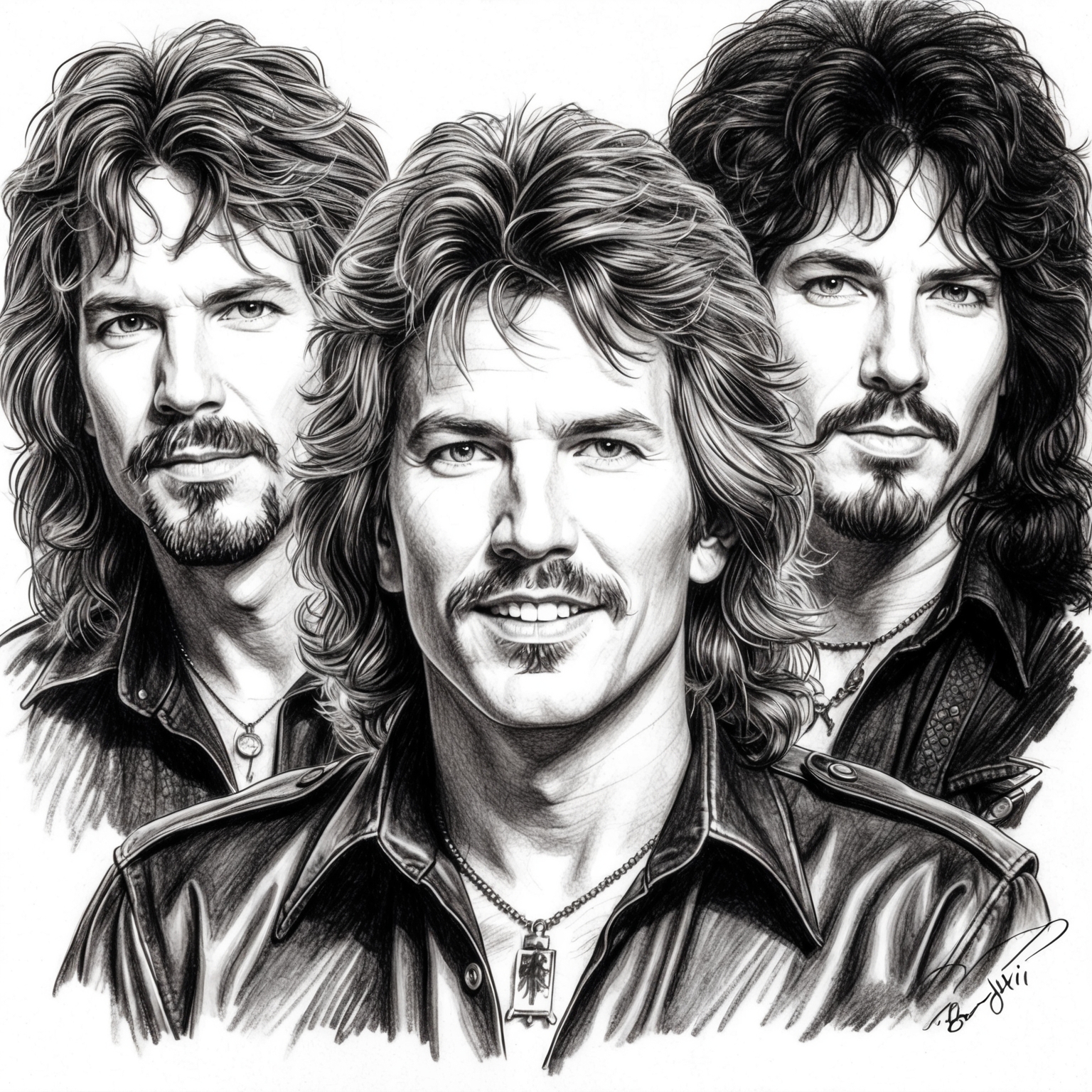 A stylistic charcoal drawing of Bon Jovi, capturing a black and white portrait with a half finished feel. The drawing should reflect the energetic and charismatic aura of the band during the 1980s rock scene, highlighting their iconic presence.