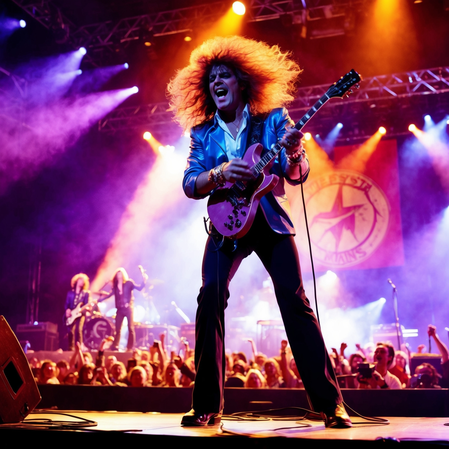 An electric concert scene featuring a 1980s rock band performance, spotlighting a charismatic lead singer with voluminous curly hair holding a microphone. The stage is illuminated with vibrant spotlights, highlighting the energy of the crowd and capturing the essence of a dynamic and successful rock concert. The band