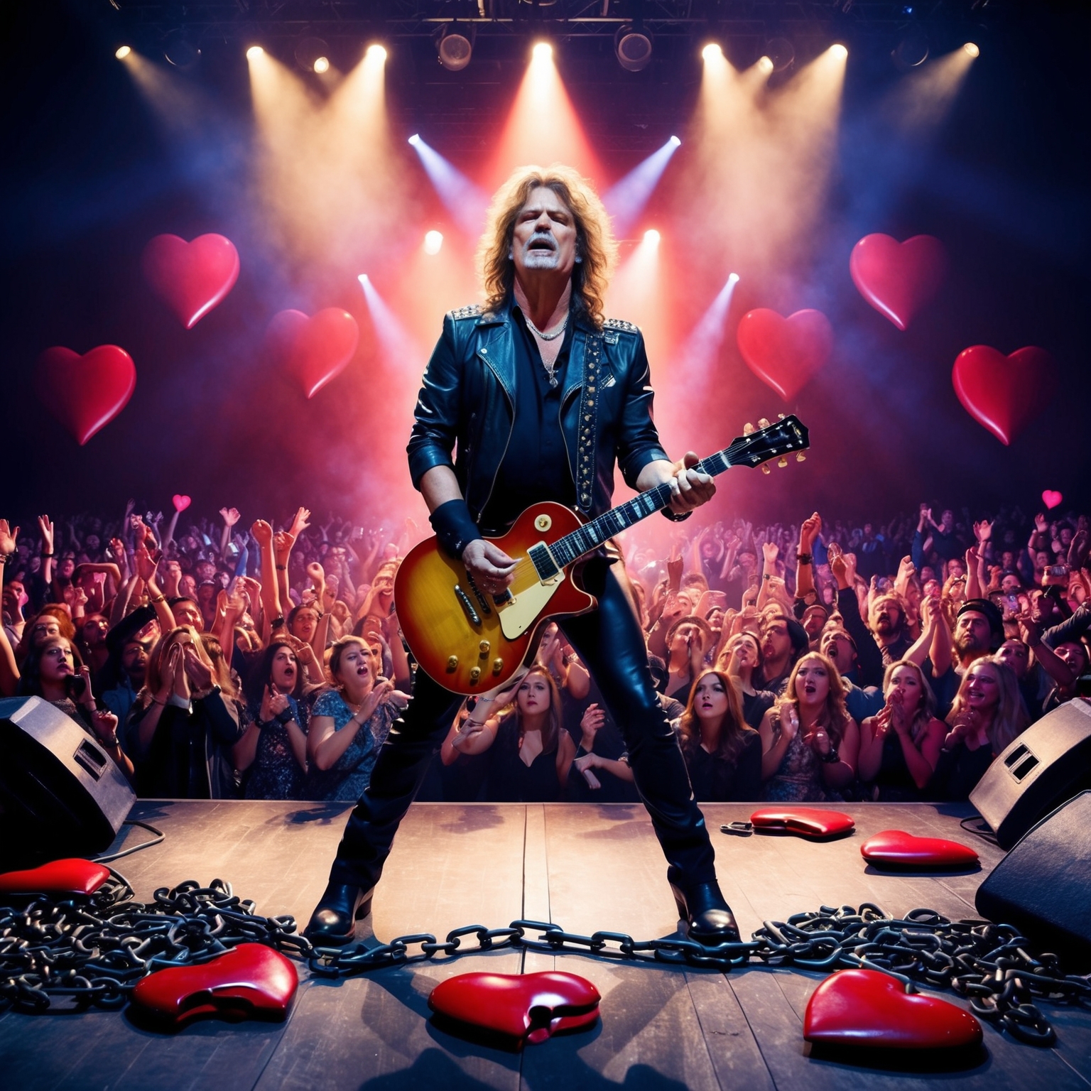 Create an image depicting a rock star under stage lights, guitar in hand, surrounded by a captivated audience, with visual elements reflecting the themes of betrayal and heartache, such as broken hearts and chains, in a dramatic rock concert setting.