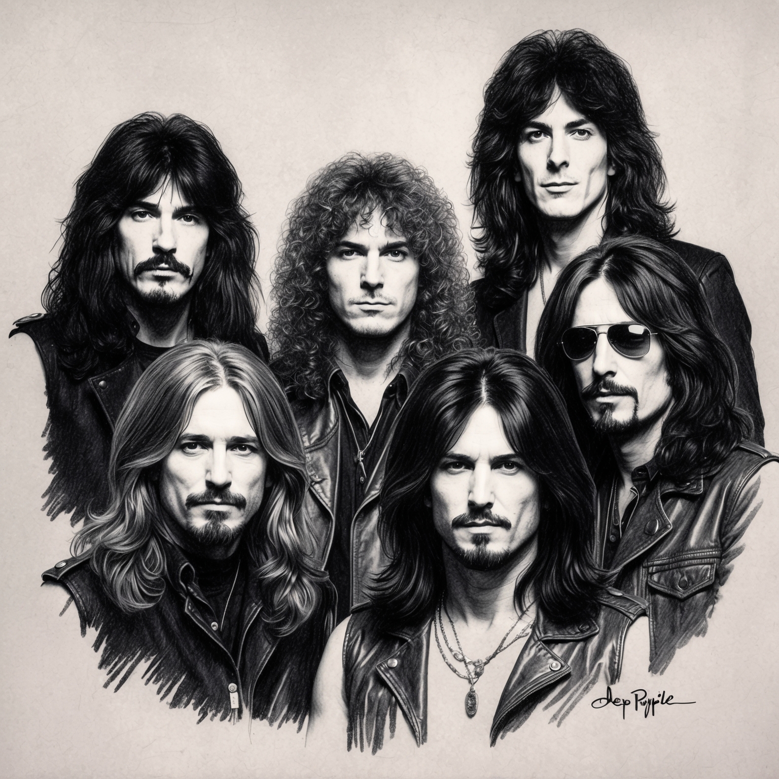 Create a charcoal, stylistic drawing of Deep Purple, focusing on a black and white portrait of the band with a half-finished feel. Capture the essence of their hard rock legacy and the mystique of their 1970s era.