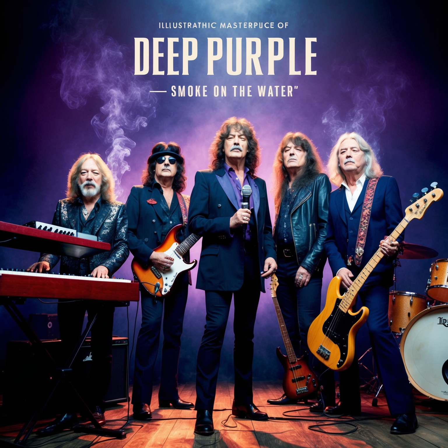 Illustrate the five members of Deep Purple, each showcasing their signature instruments: Jon Lord with his keyboards, Ritchie Blackmore with his electric guitar, Ian Gillan holding a microphone, Roger Glover with his bass guitar, and Ian Paice on the drums. The setting should have a classic rock vibe, reflecting the 1970s era, capturing their essence as legendary composers of "Smoke On The Water."