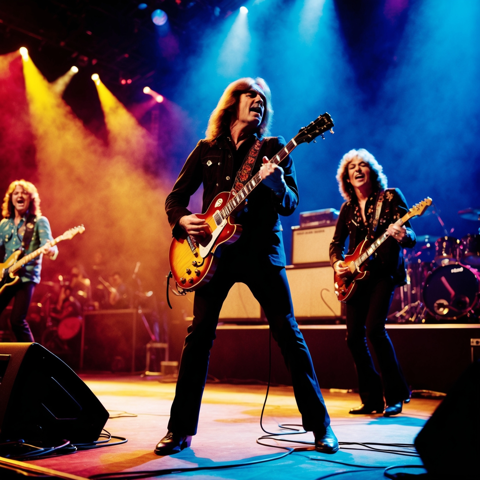 A classic rock band performs on stage, with vibrant lighting and a cheering crowd, capturing the energy and excitement of a live rock concert in the 1970s. Focus on a guitarist playing a famous riff, evoking a sense of nostalgia and timeless music legacy.