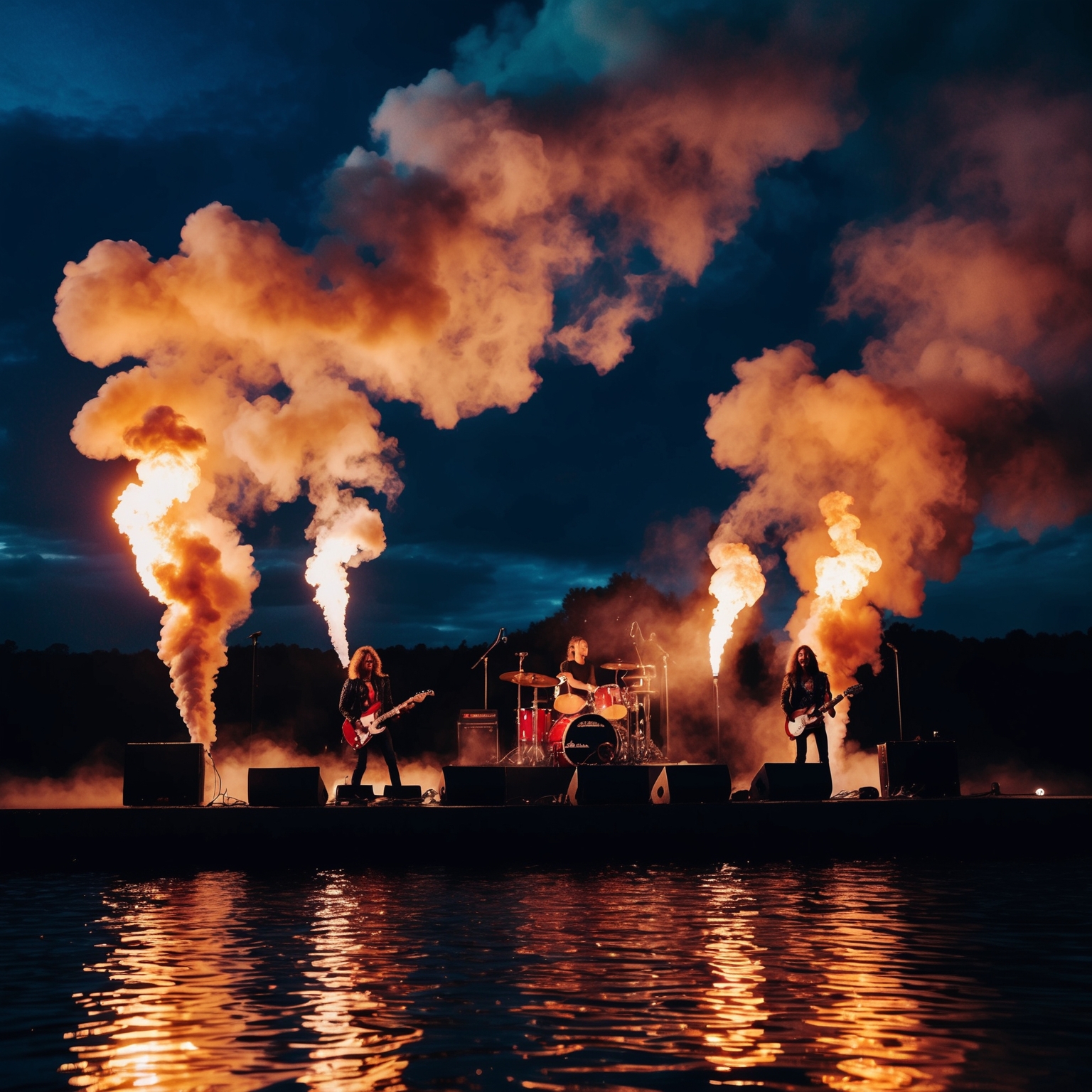 A classic rock band performing live on stage, smoke billowing across a night sky, with fiery reflections on a lake, capturing drama and intensity of a live rock concert.