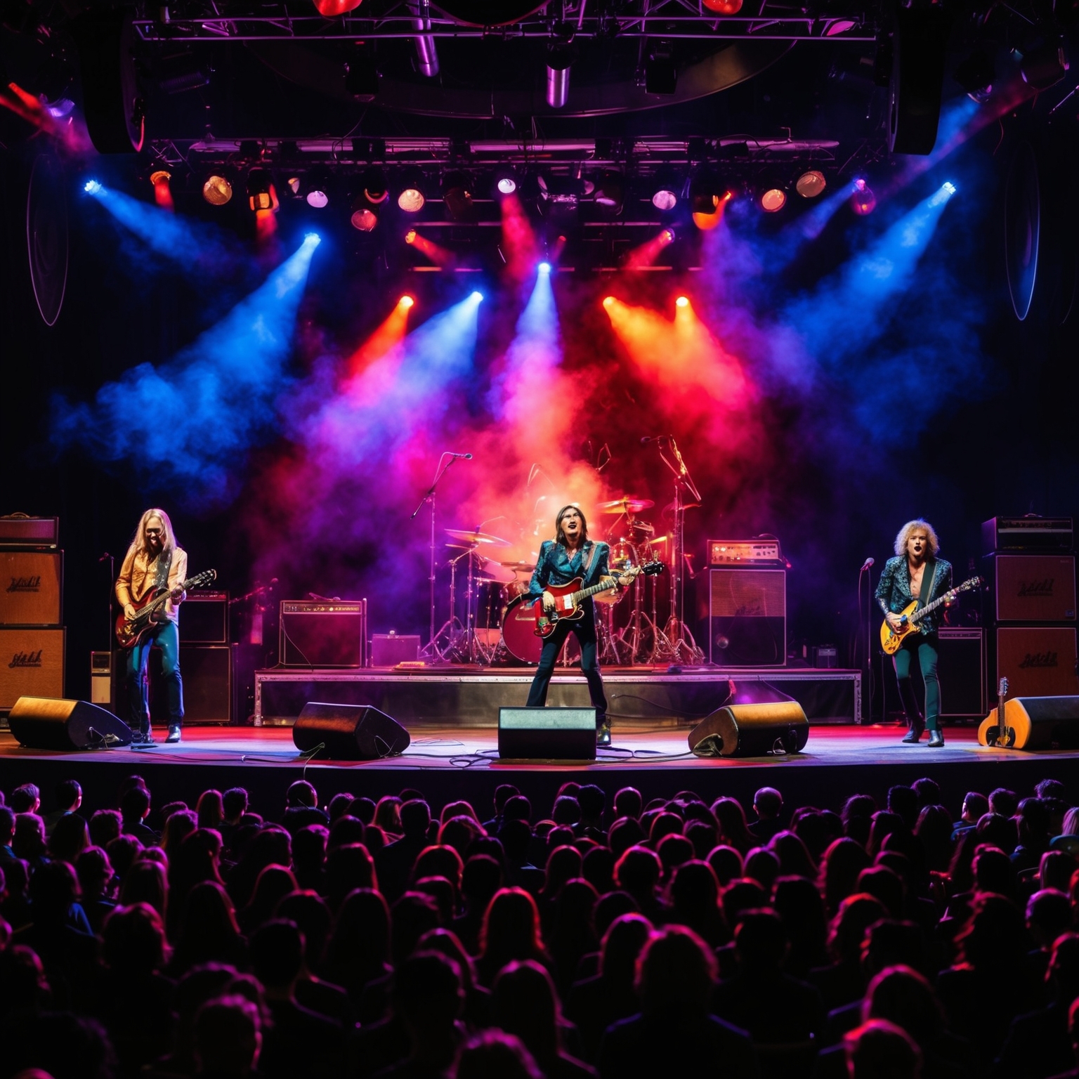 Capture a vibrant stage performance of a classic rock band, with colorful lighting, smoke effects, and a captivated audience in the foreground, reflecting an atmosphere of energy and nostalgia.