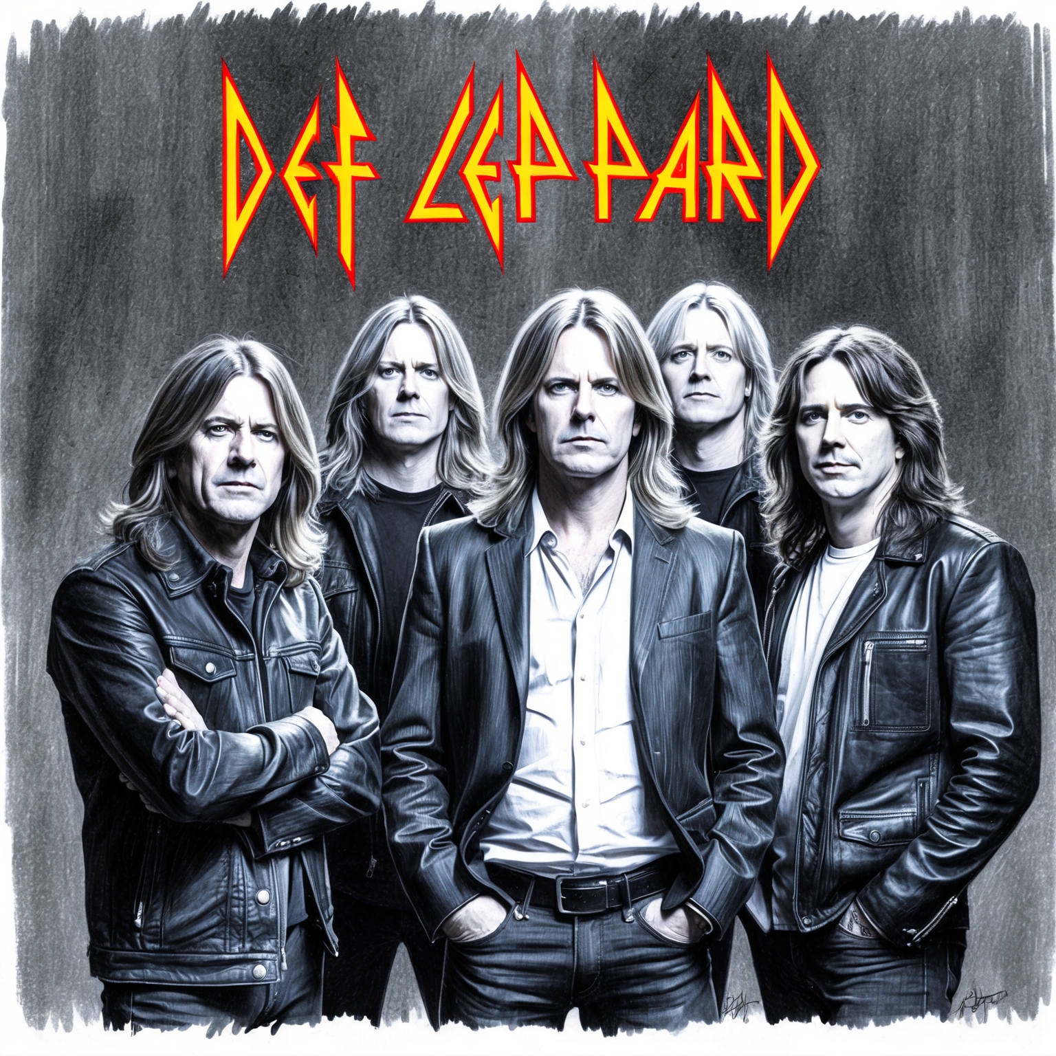 Create a black and white charcoal portrait of the band Def Leppard, showcasing them with a half finished feel. Emphasize their dynamic and energetic presence characteristic of their music style.