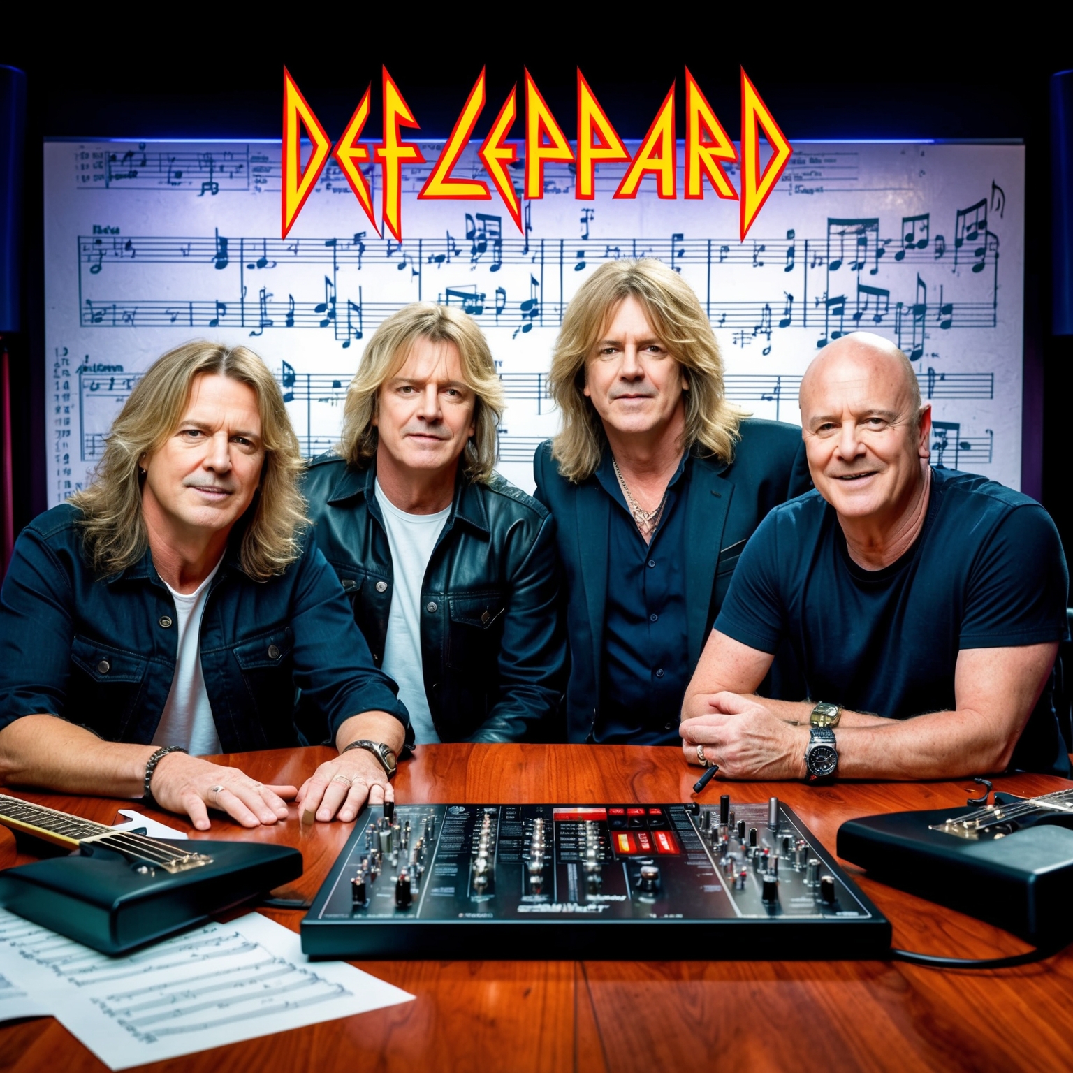 Generate an image showcasing a collage of Def Leppard band members: Joe Elliott, Phil Collen, Rick Savage, and Robert John 