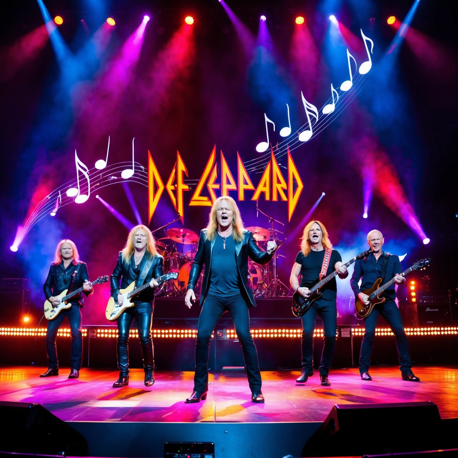 Def Leppard band performing on stage with vibrant lights, audience in excitement, chart success symbolized by ascending music notes in the background