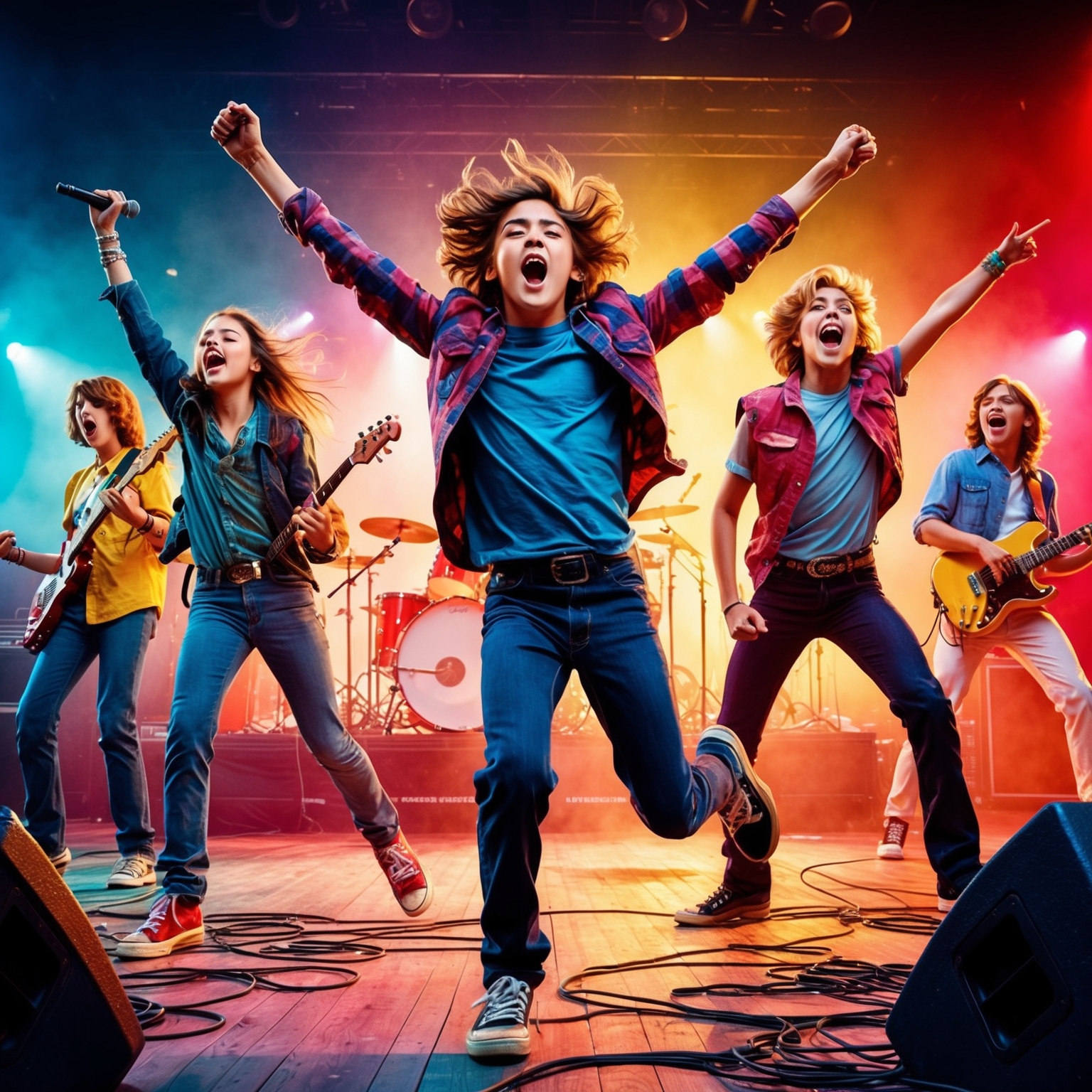 A vivid illustration of a lively rock concert with a teenage protagonist symbolically breaking free from everyday responsibilities, embodying the carefree spirit and rebellious energy of 90s rock culture. The scene captures the essence of music, camaraderie, and youthful exuberance, with bright colors and dynamic visual elements that emphasize movement and freedom.