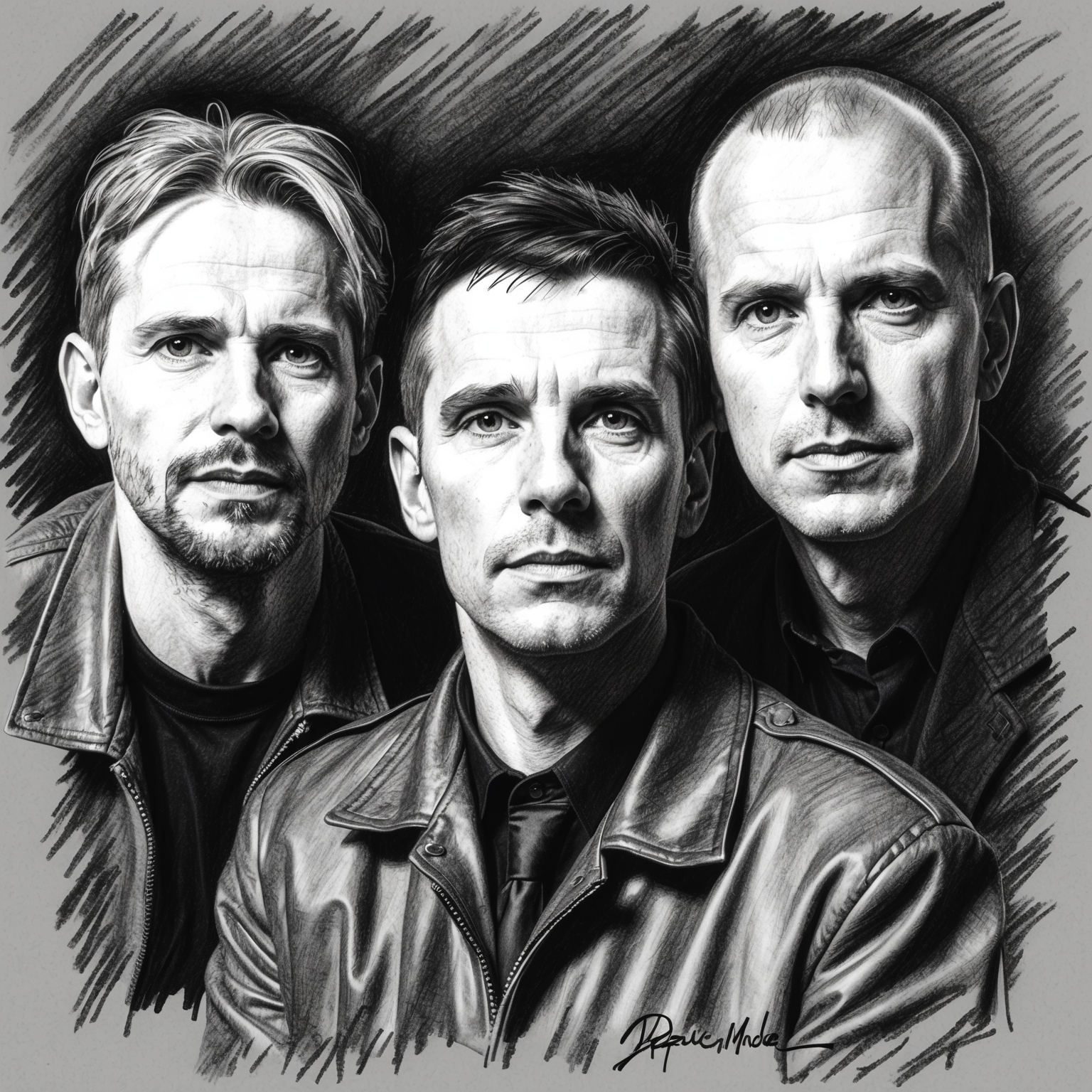 Charcoal, black and white portrait of Depeche Mode, showcasing Dave Gahan, Martin Gore, and Andy Fletcher in a stylistic, half-finished pose capturing their essence as pioneers of electronic music in the 1980s.