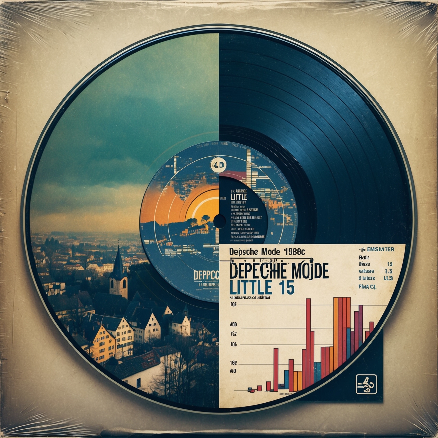 Create an image depicting a vintage vinyl record cover from the late 1980s, featuring elements of European landscapes to capture the regional popularity of Depeche Mode