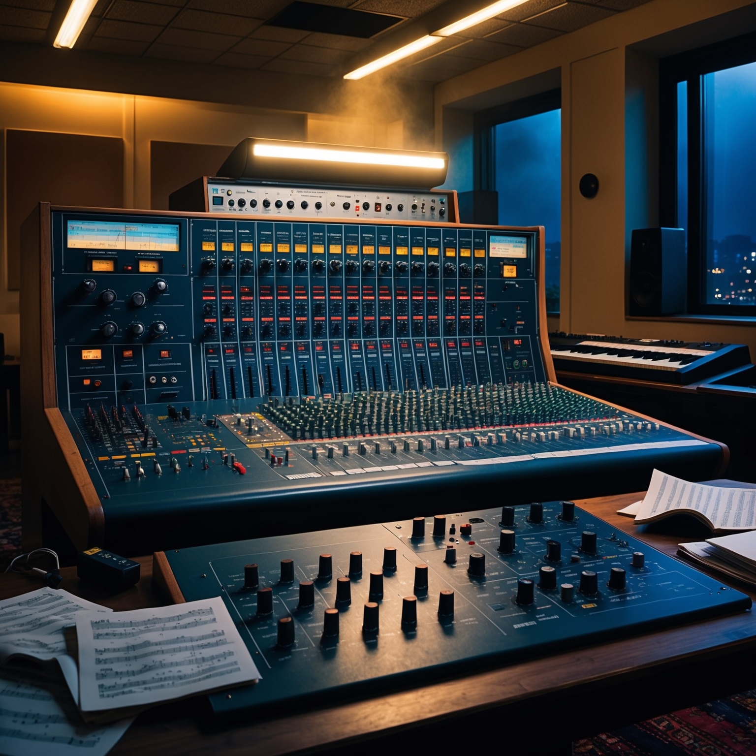 Create an image depicting a vintage analog recording studio from the 1980s. The room should have a large mixing console with various knobs, sliders, and meters. Include vintage synthesizers like the Moog or Yamaha DX7, hinting at the electronic yet warm soundscapes typical of Depeche Mode. Bright LED lights on equipment should add a futuristic ambience, complemented by scattered sheets of music. In the background, envision a window with a dimly lit cityscape, suggesting an introspective and melancholic undertone, representative of Depeche Mode