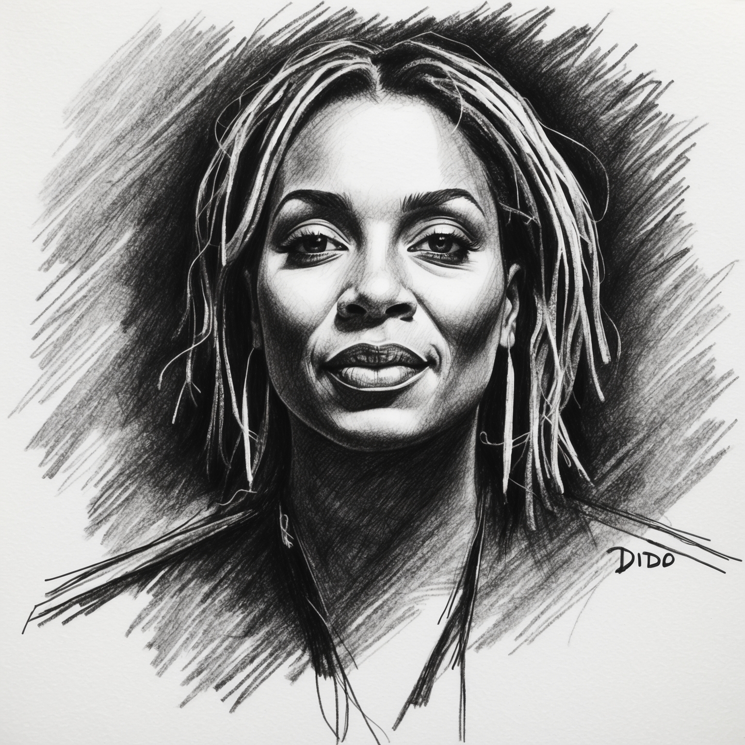 Black and white charcoal portrait of Dido, capturing her essence with a half finished, stylistic touch, evoking her soulful and introspective musical style.