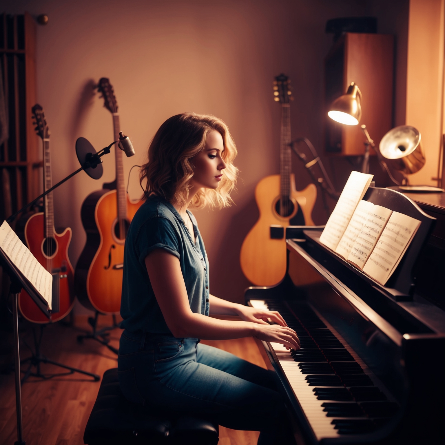 An illustration of a female musician in a studio setting, surrounded by musical instruments, symbolizing creativity and focus. The room feels intimate and cozy, filled with warm lighting that highlights her as she sits at a piano, lost in thought, with sheet music scattered around, emphasizing her role as a composer and singer-songwriter.