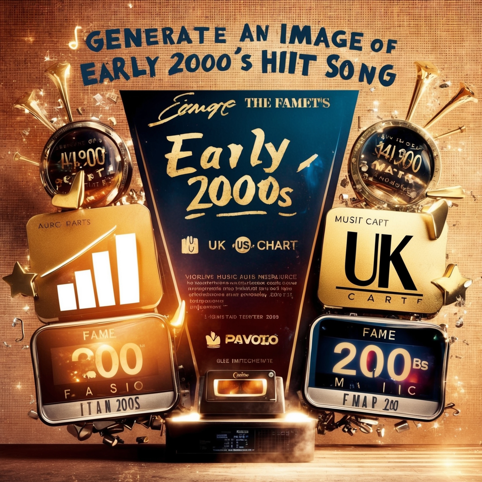 Generate an image showcasing the essence of a nostalgic early 2000s hit song. Capture elements of fame, music charts, and a sense of enduring pop culture impact. Include abstract representations or symbols of UK and US chart achievements, warm emotional tones, and a timeless vibe.