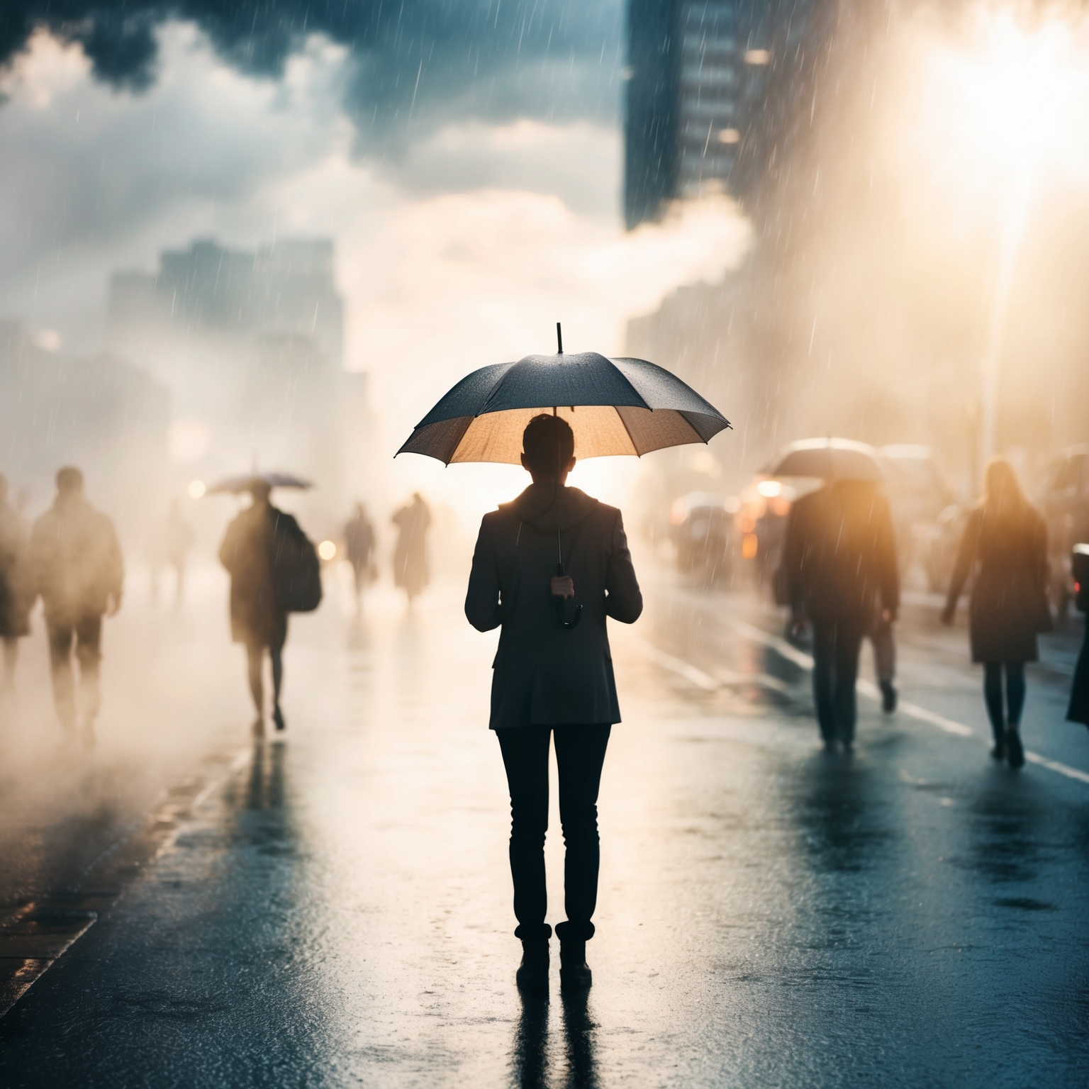 A serene and introspective scene depicting a person standing on a city street during a rainy day, holding an umbrella, with warm lighting suggesting nostalgia and gratitude. The background features soft, blurred images of people and buildings, symbolizing life