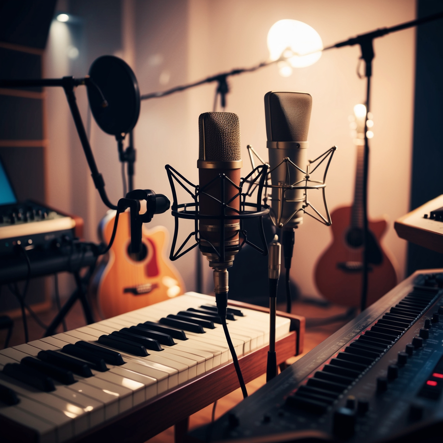 A visual representation of a music studio during a recording session, showcasing vintage microphones and acoustic instruments like guitars and synthesizers; an ambient atmosphere with soft lighting, reflecting the production process of a song reminiscent of Dido