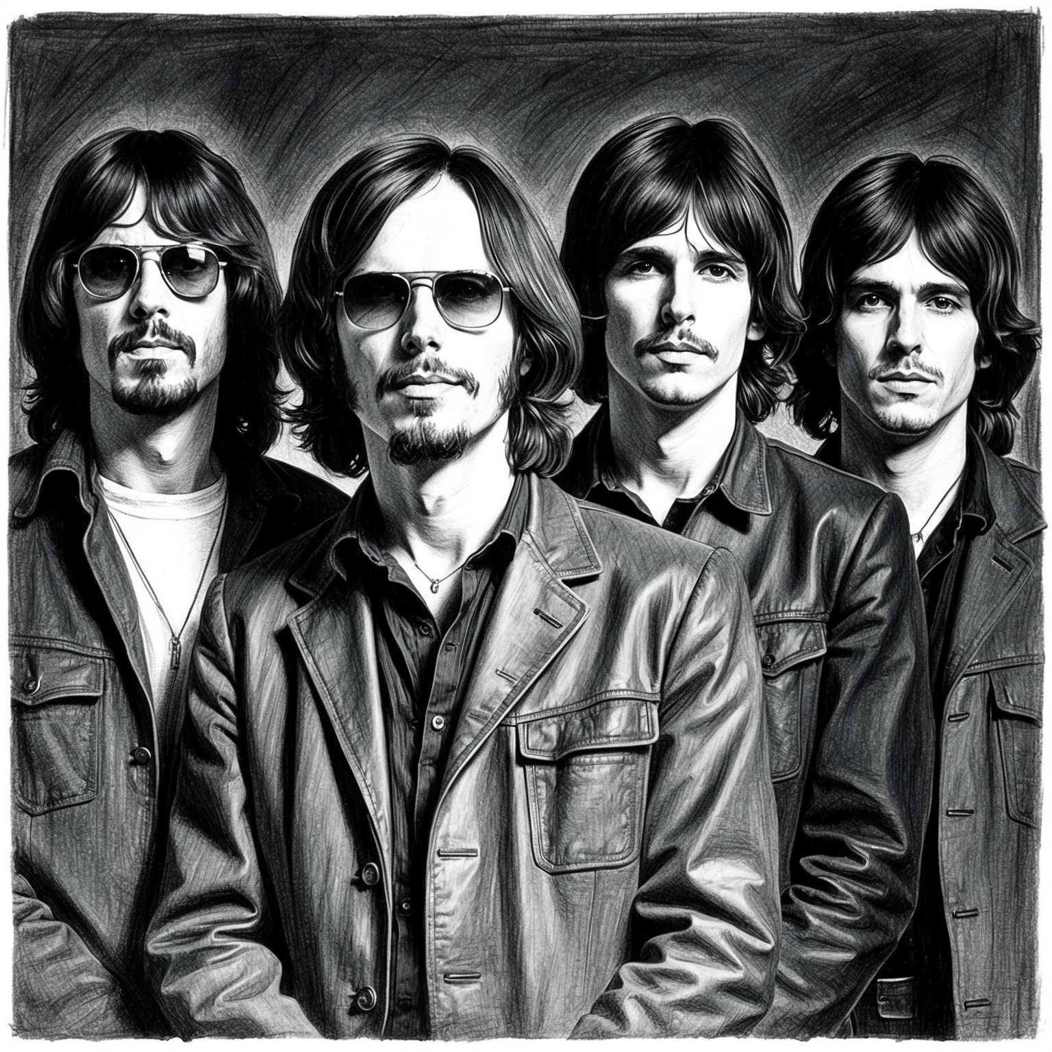 Generate a charcoal, stylistic drawing of The Doors band, especially focused on Jim Morrison. The drawing should be black and white with a half-finished, raw look, capturing the band