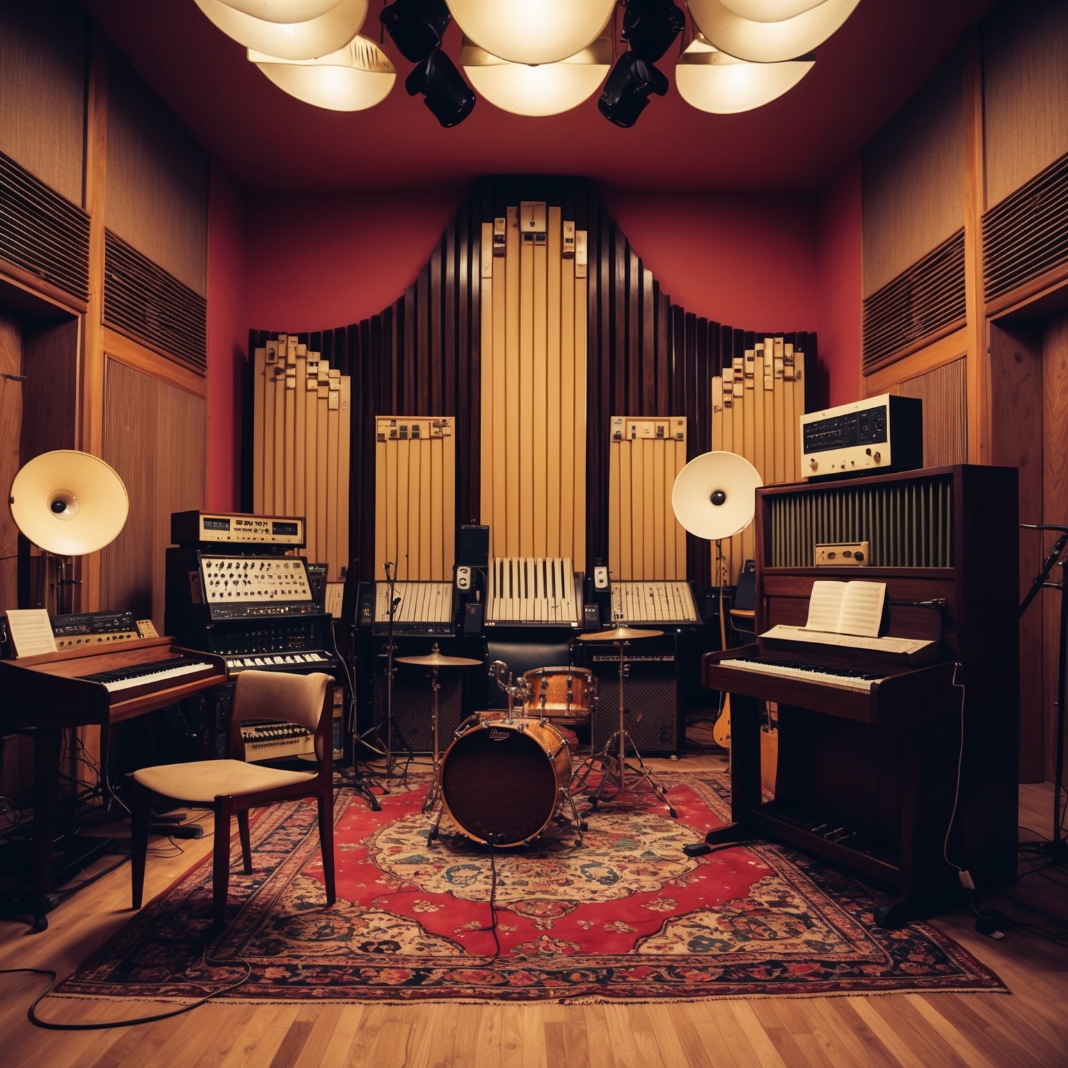 Create an image capturing the essence of a 1960s psychedelic rock recording session: a 1960s-era studio with vintage recording equipment, musical instruments like an organ and guitar, with an atmosphere of creativity and musical exploration. Highlight the iconic setting of LA