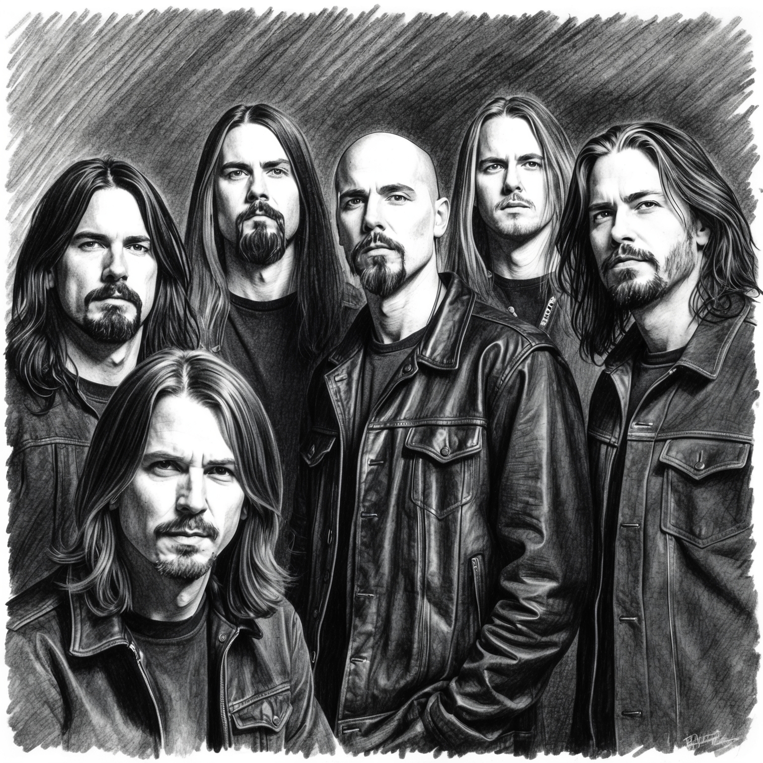 A black and white charcoal drawing of Dream Theater, displaying a half-finished, stylistic portrait, capturing the essence of the band members with attention to their distinct features.