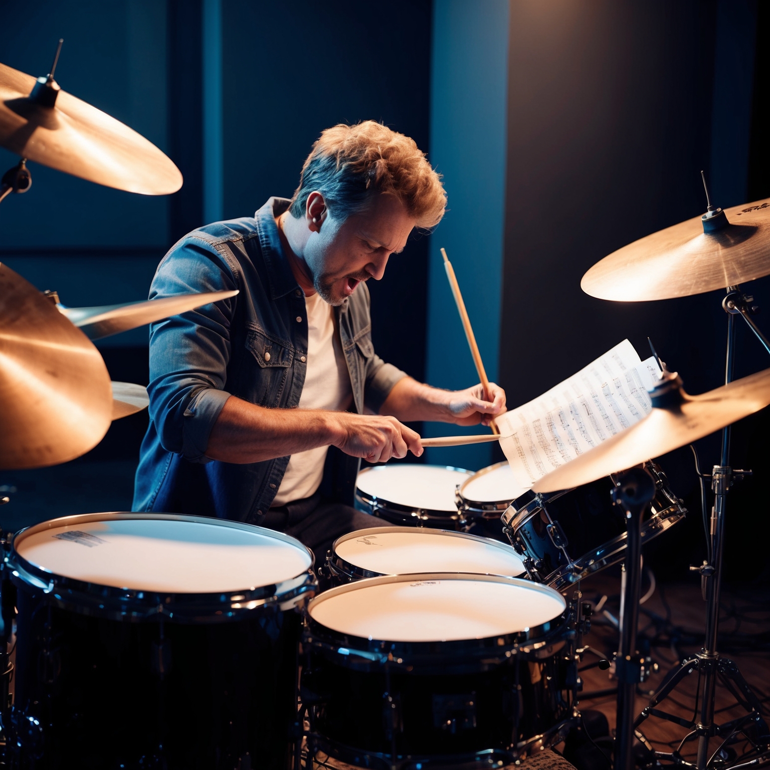 A detailed artistic portrayal of a drummer passionately working on sheet music in a studio environment, capturing the essence of a progressive rock musician