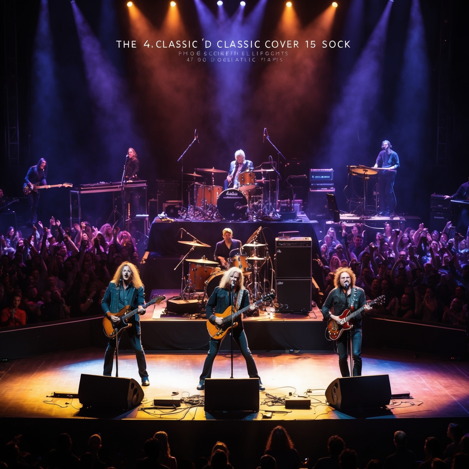 Illustrate a scene with a band performing an elaborate and epic musical piece on stage, capturing the essence of a progressive rock concert, intense and dynamic lighting, with an enthusiastic crowd in the background, reflecting the classic cover song