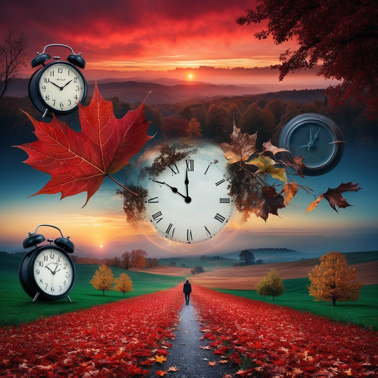 A surreal landscape depicting the passage of time, with elements like a crimson sunrise, autumn leaves, a ticking clock, and a solitary figure reflecting the journey through life