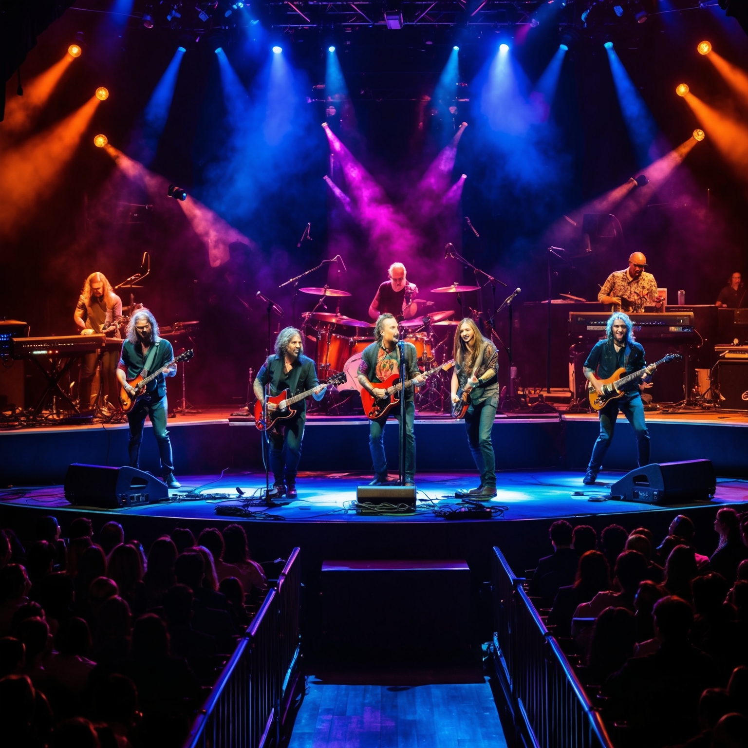 A concert scene capturing a band performing on stage with dynamic lighting effects, showcasing passionate musicians and an engaged audience. The stage is vibrant with intricate instrumentals and a sense of connection between the performers and audience. The imagery should evoke the intensity and creativity of a progressive rock concert.