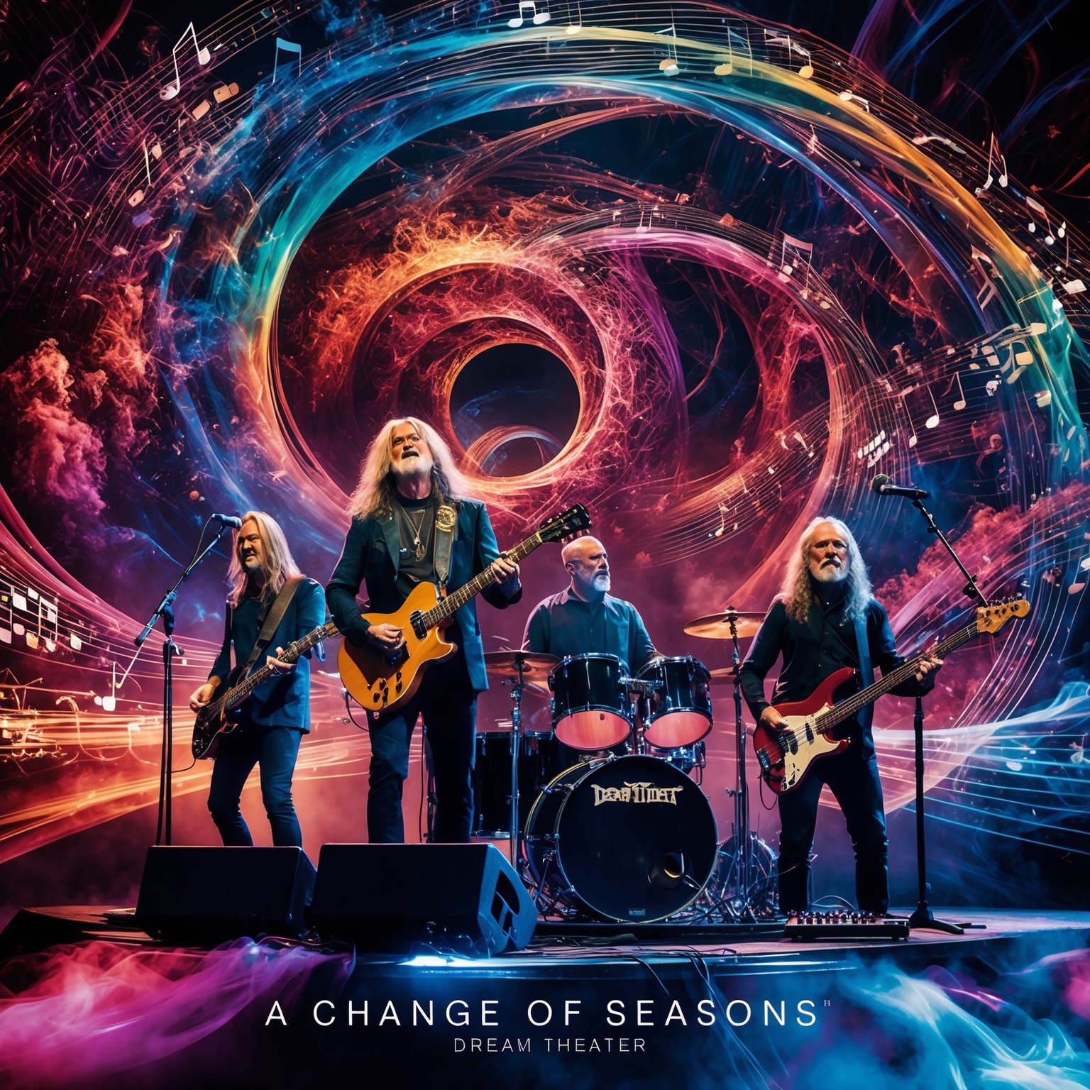 An intricate and vibrant depiction of a complex musical journey, capturing a progressive rock band composed of various musicians including a guitarist, keyboardist, drummer, and bassist. They perform amidst a dynamic backdrop of swirling colors and notes, symbolizing shifting tempos and harmonic complexity, inspired by Dream Theater