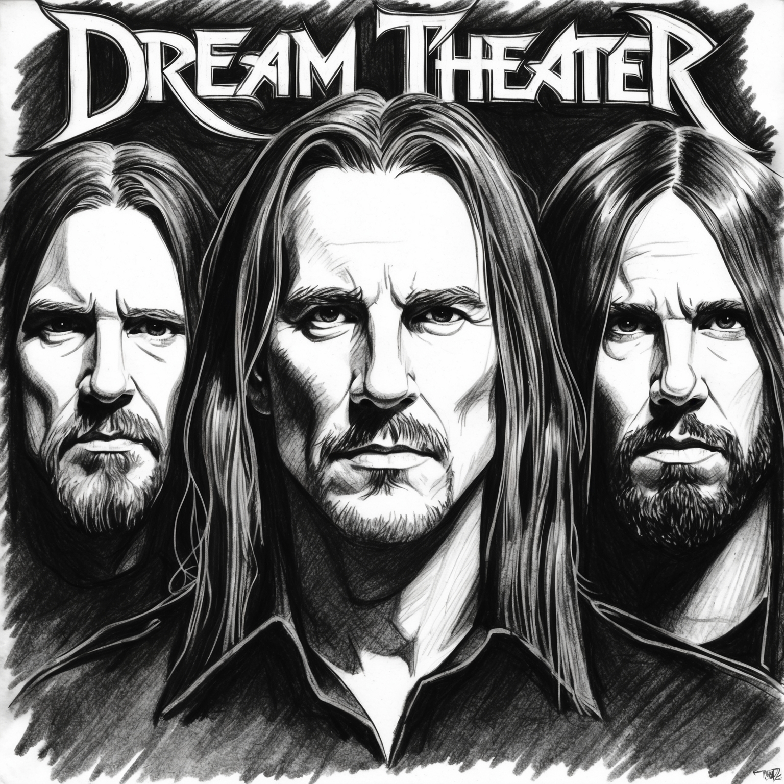 Create a charcoal, stylistic drawing of Dream Theater, capturing a black and white charcoal portrait with a half-finished feel, focusing on the band