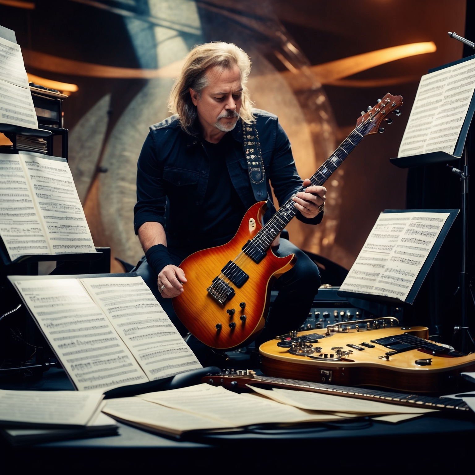 A portrait of a skilled guitarist immersed in his craft, surrounded by an array of music sheets and instruments. The image captures the aura of a creative genius deeply connected to the world of progressive metal, embodying both technical prowess and emotional depth. The guitarist is in a dynamic pose, hinting at the energy and complexity of his compositions, set against a backdrop that reflects elements of classical and modern rock influences.