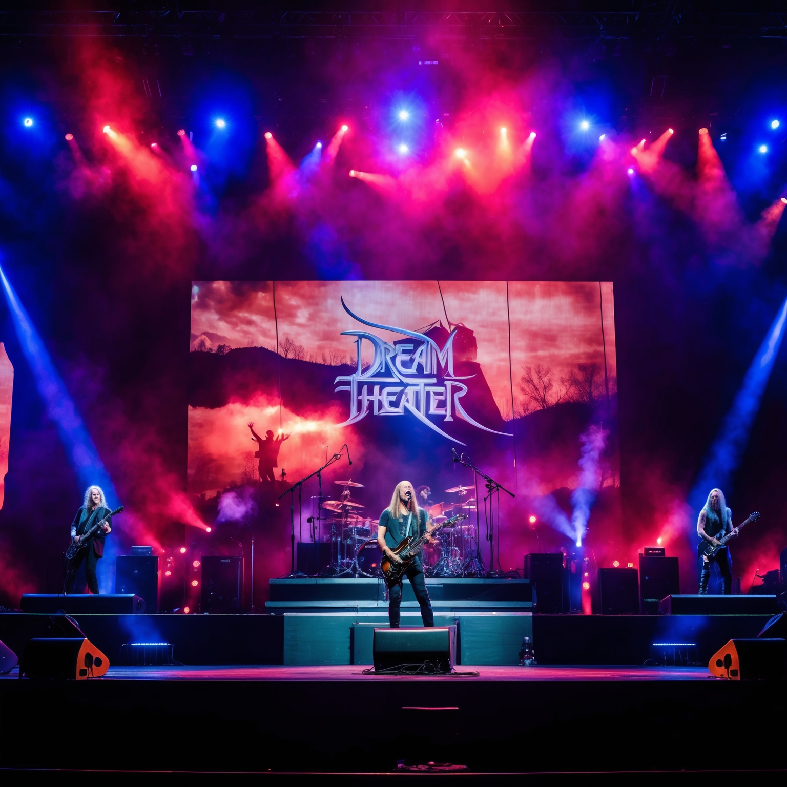 A dramatic stage with Dream Theater performing surrounded by vibrant lighting and abstract visual backdrops, capturing the essence of a live performance of a progressive rock band.